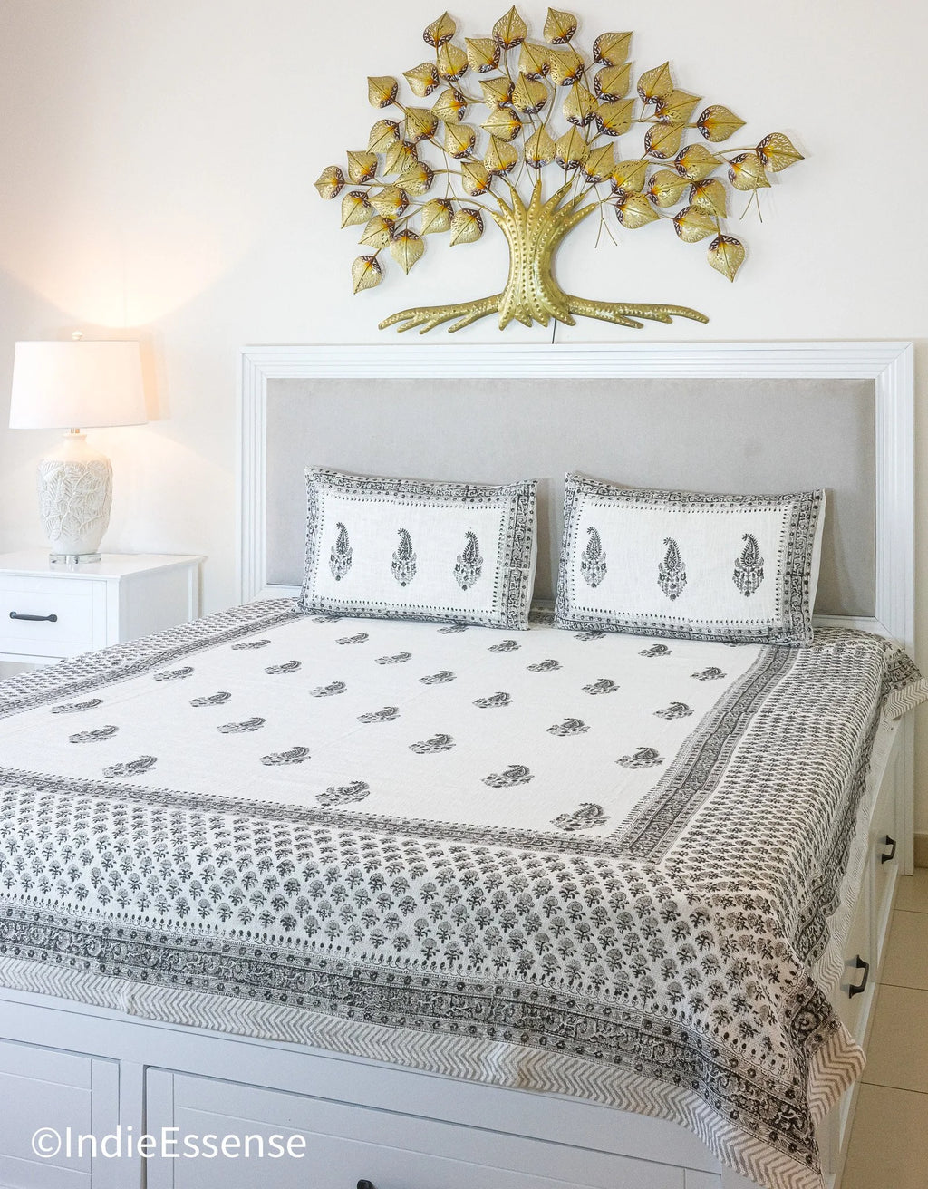 Black and White Handblock Printed Jute Bed Cover