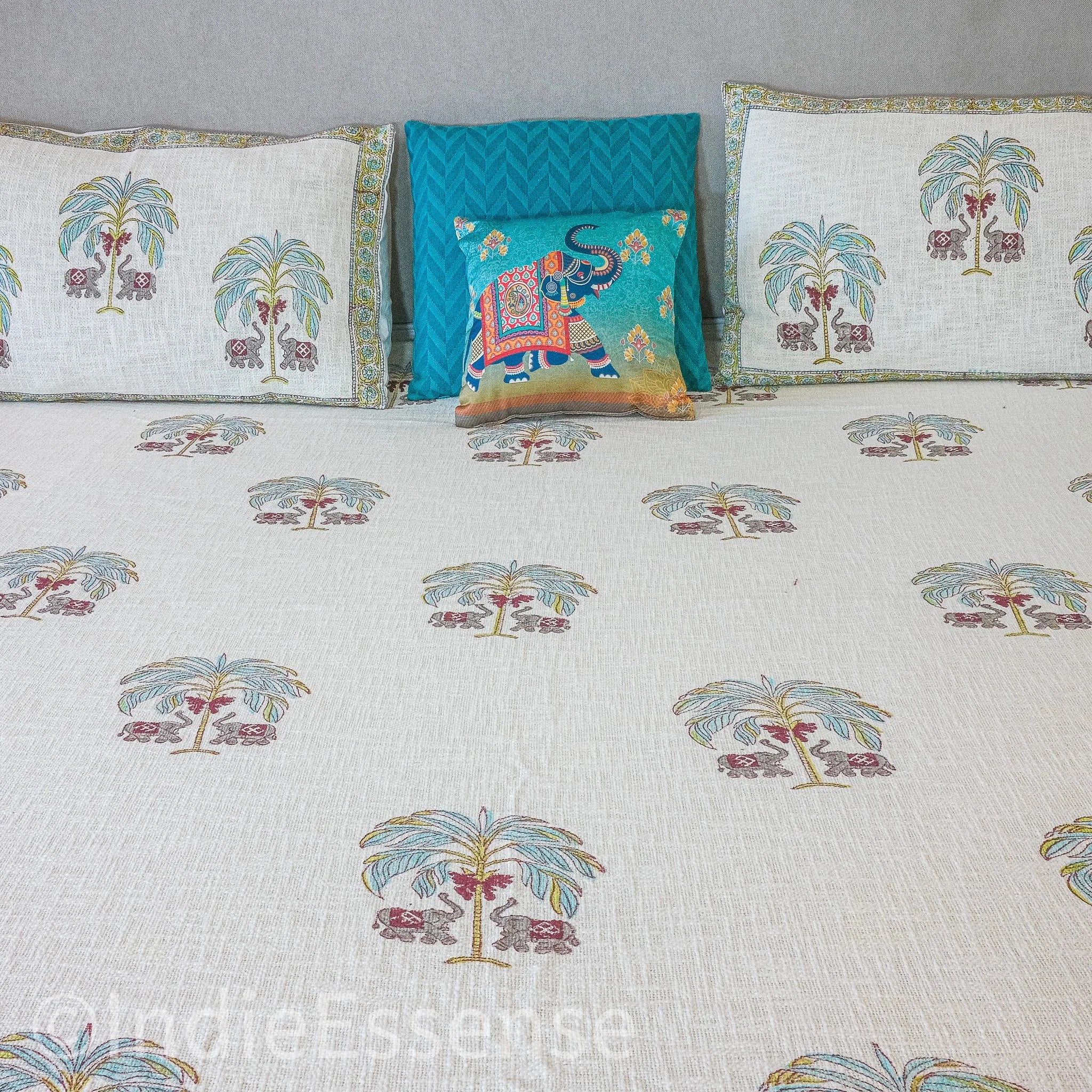 Palm Tree Handblock Printed Jute Bed Cover