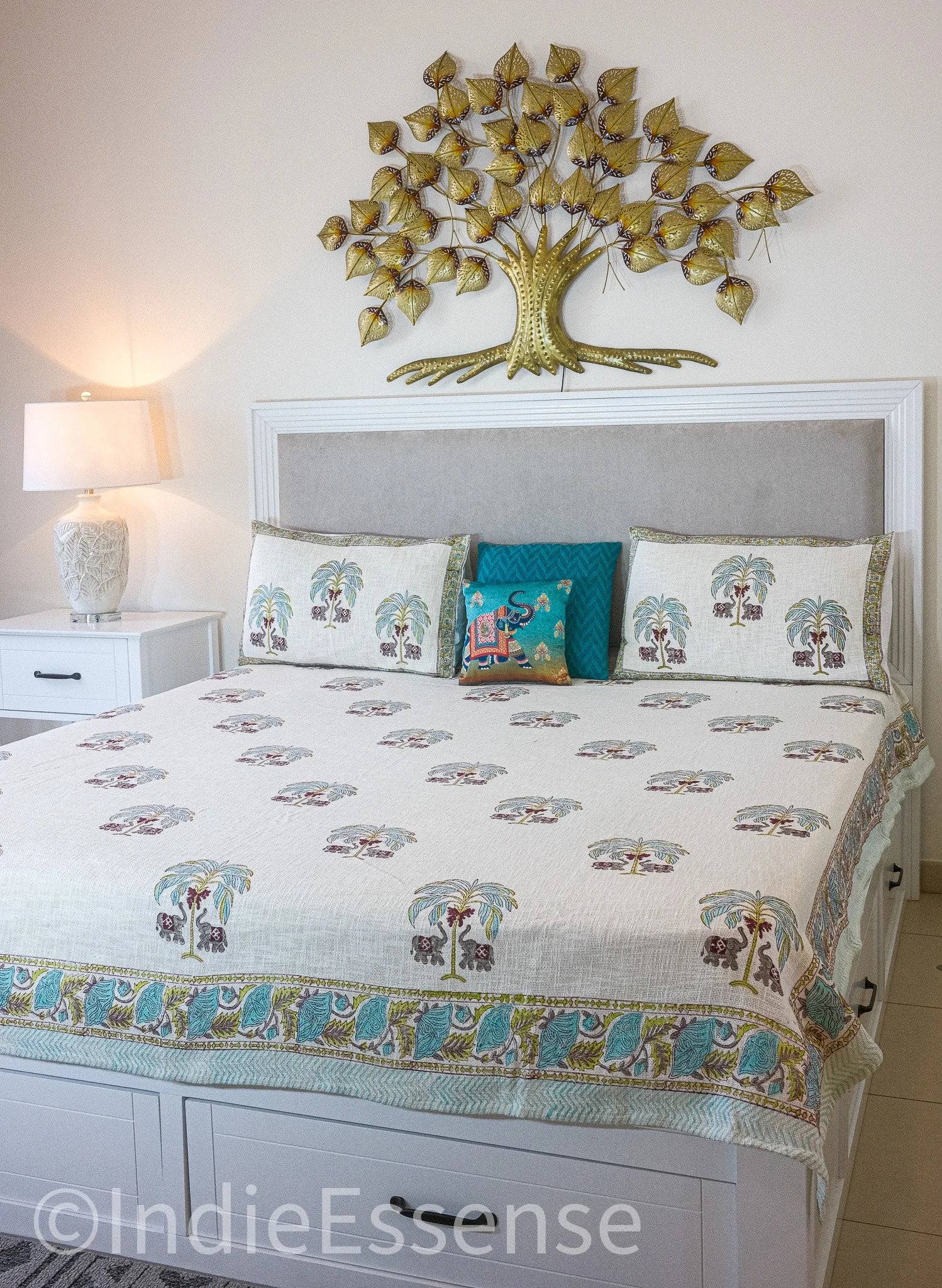 Palm Tree Handblock Printed Jute Bed Cover