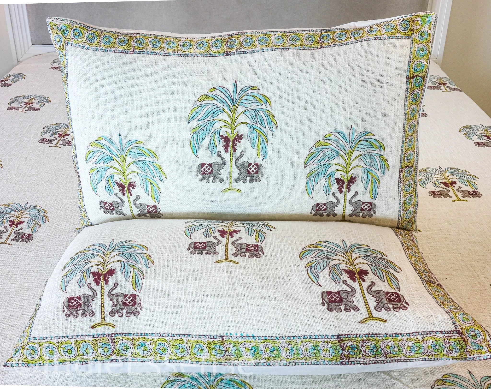 Palm Tree Handblock Printed Jute Bed Cover