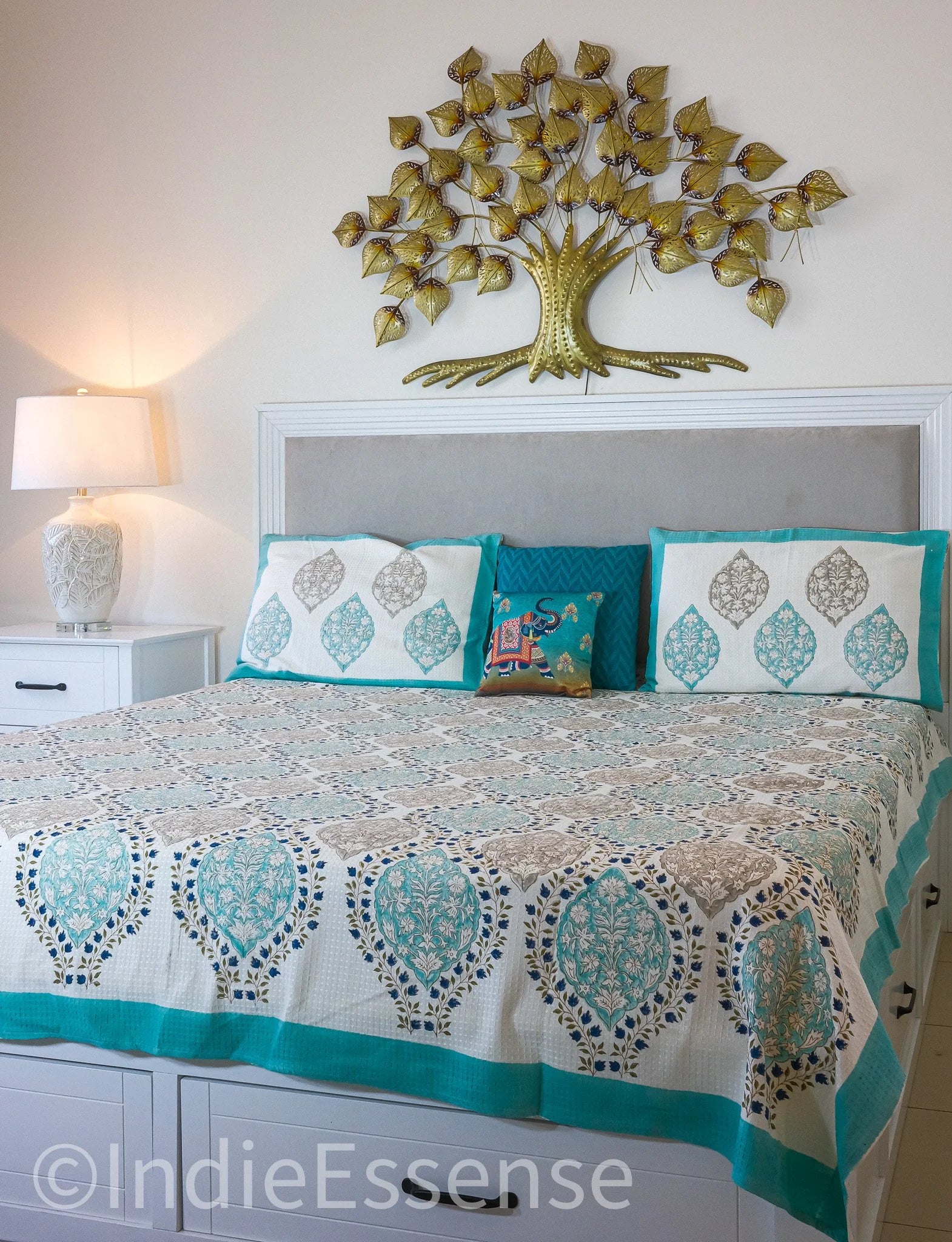Cyan Handblock Printed Waffle Bed Cover