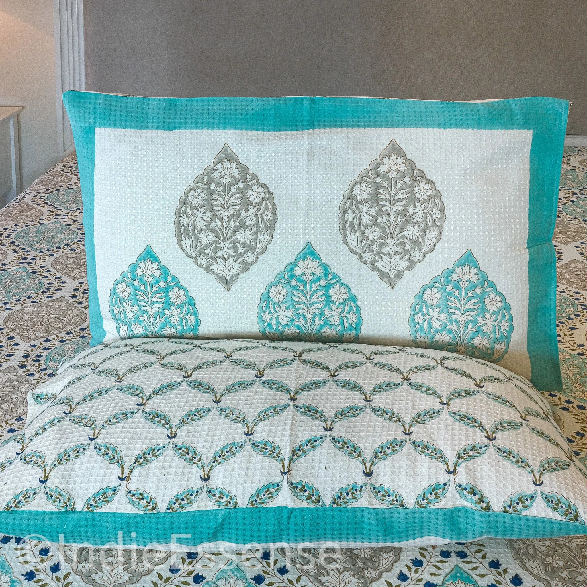 Cyan Handblock Printed Waffle Bed Cover