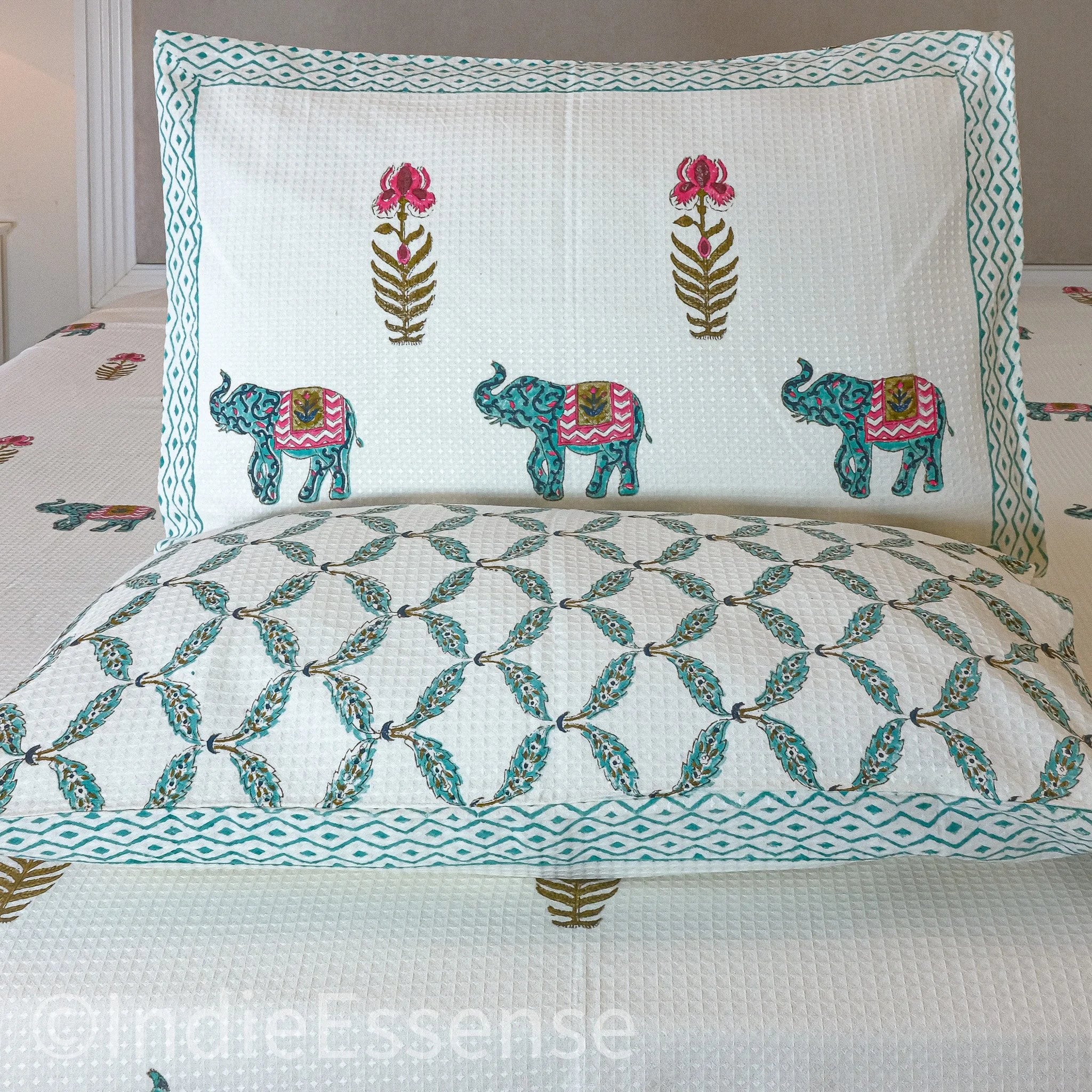 Green Elephant Handblock Printed Waffle Bed Cover