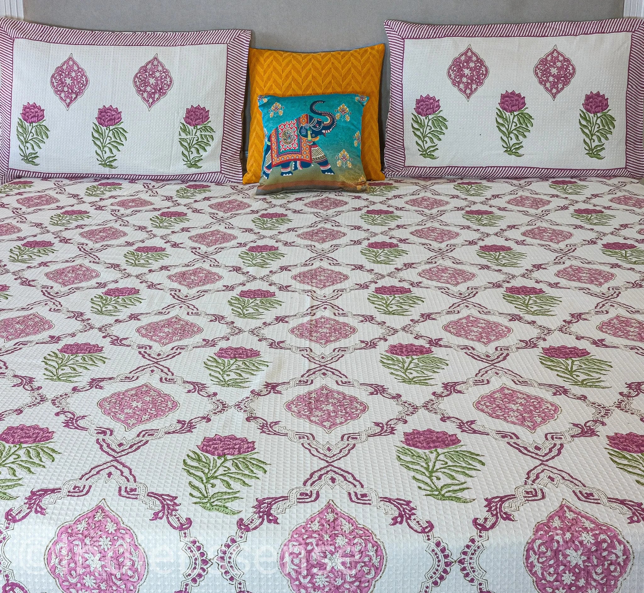 Red Roses Handblock Printed Waffle Bed Cover
