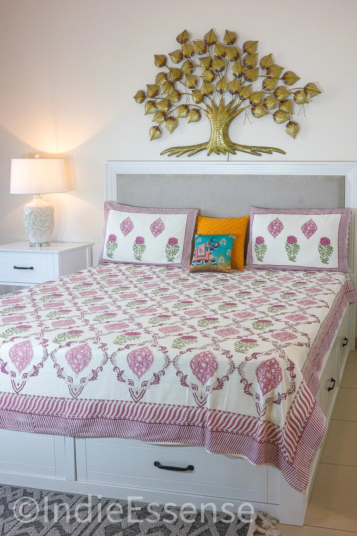 Red Roses Handblock Printed Waffle Bed Cover