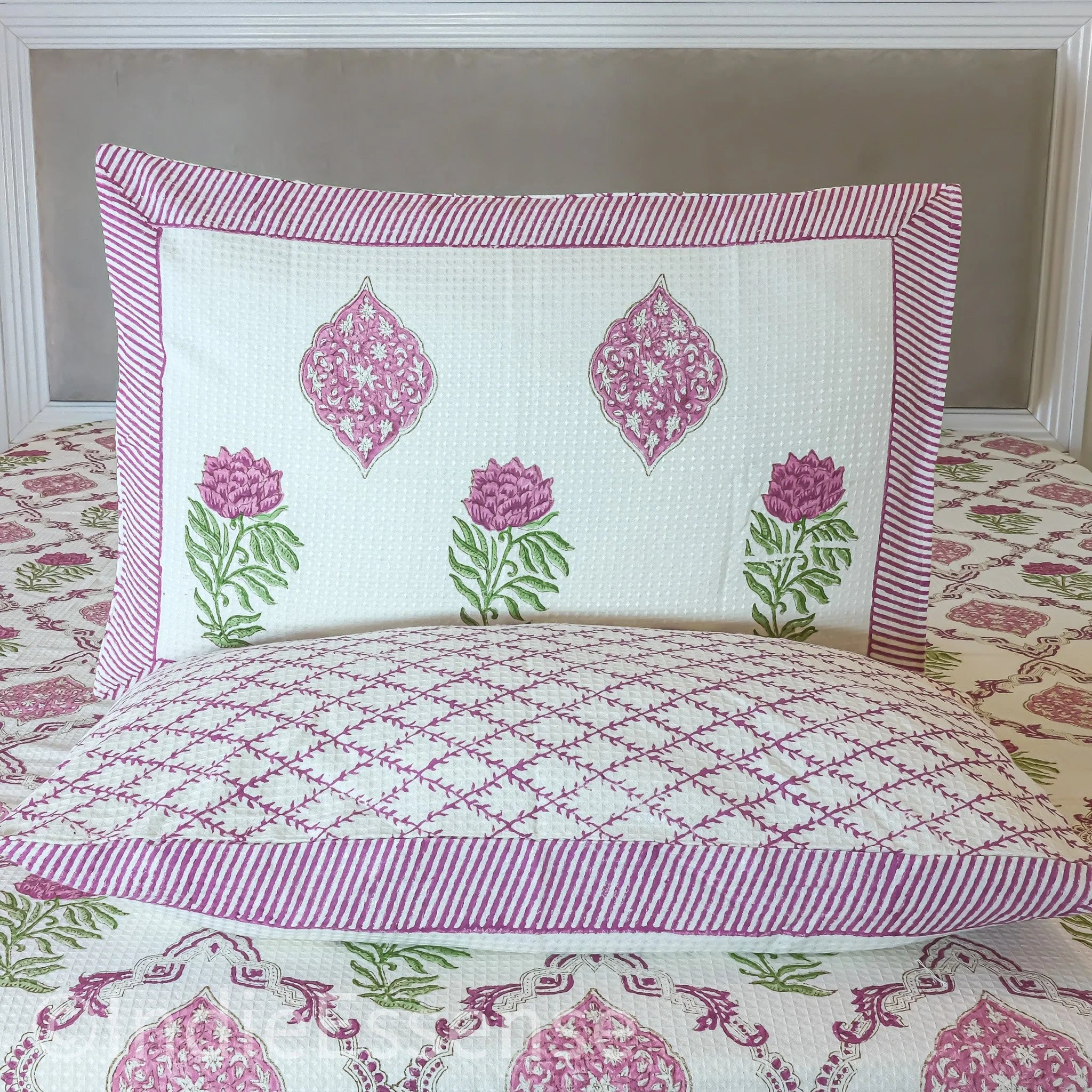 Red Roses Handblock Printed Waffle Bed Cover