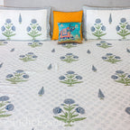 Blue Floral Handblock Printed Waffle Bed Cover
