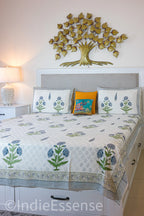Blue Floral Handblock Printed Waffle Bed Cover
