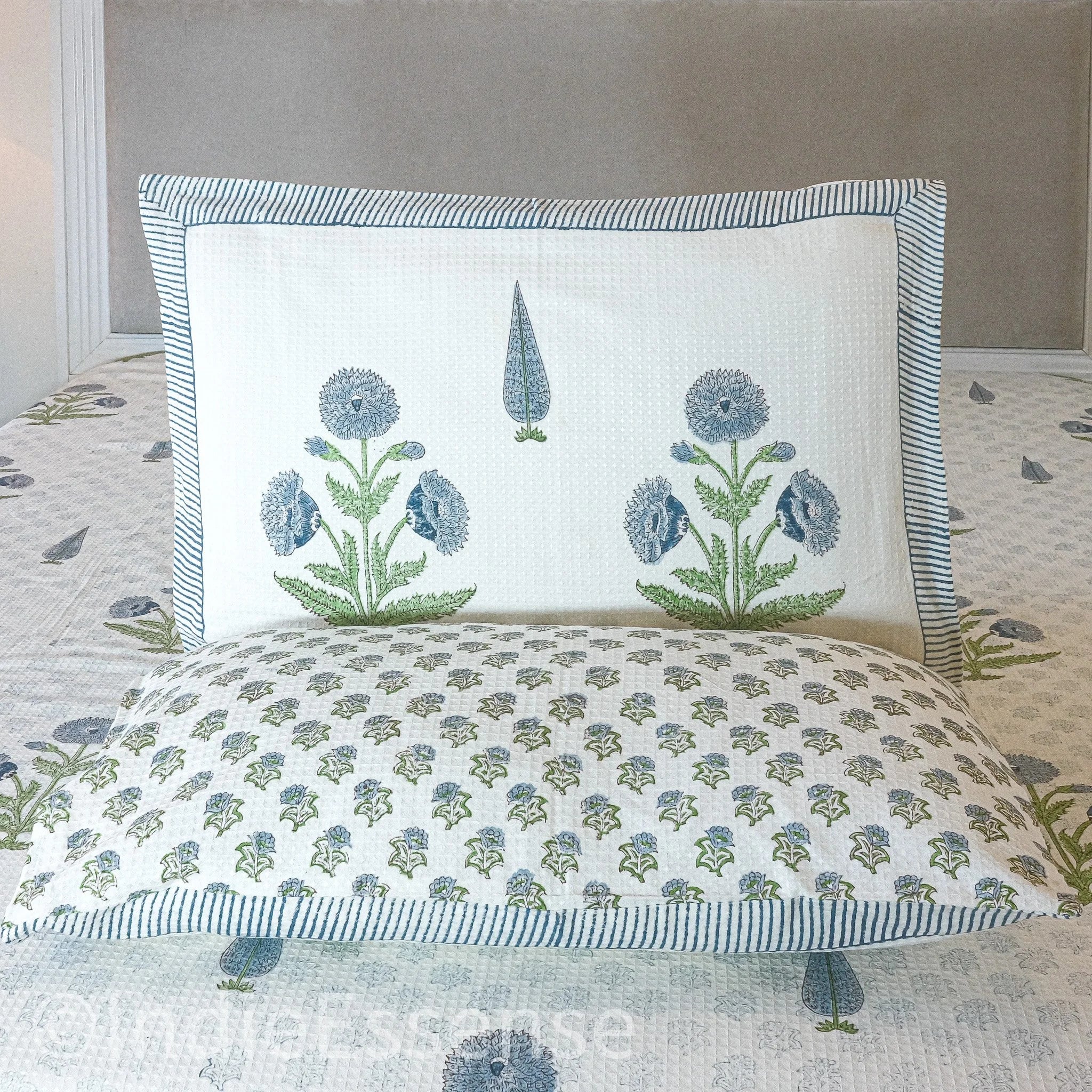 Blue Floral Handblock Printed Waffle Bed Cover
