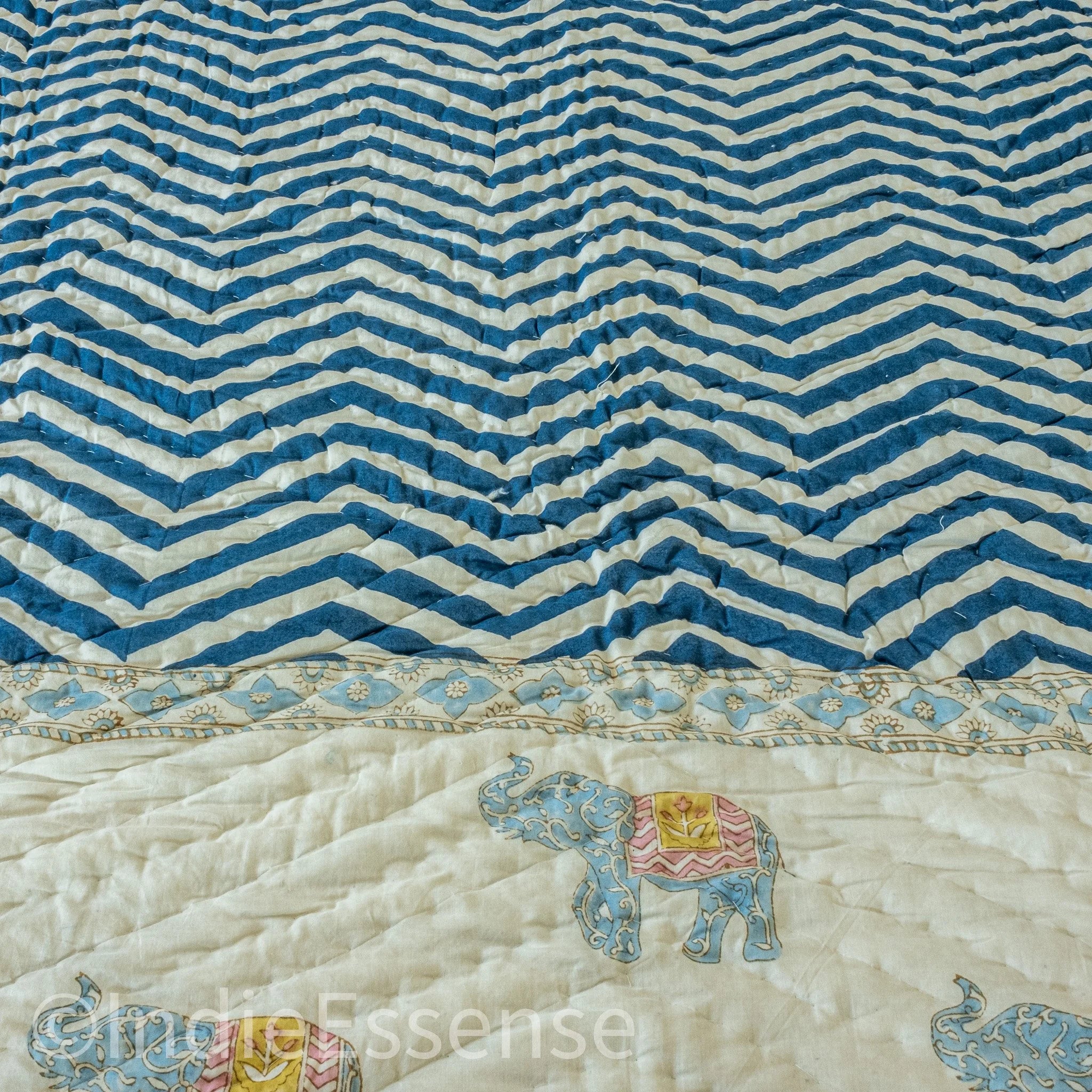 Handblock Print (Reversible) Mulmul Quilt - Blue Elephant