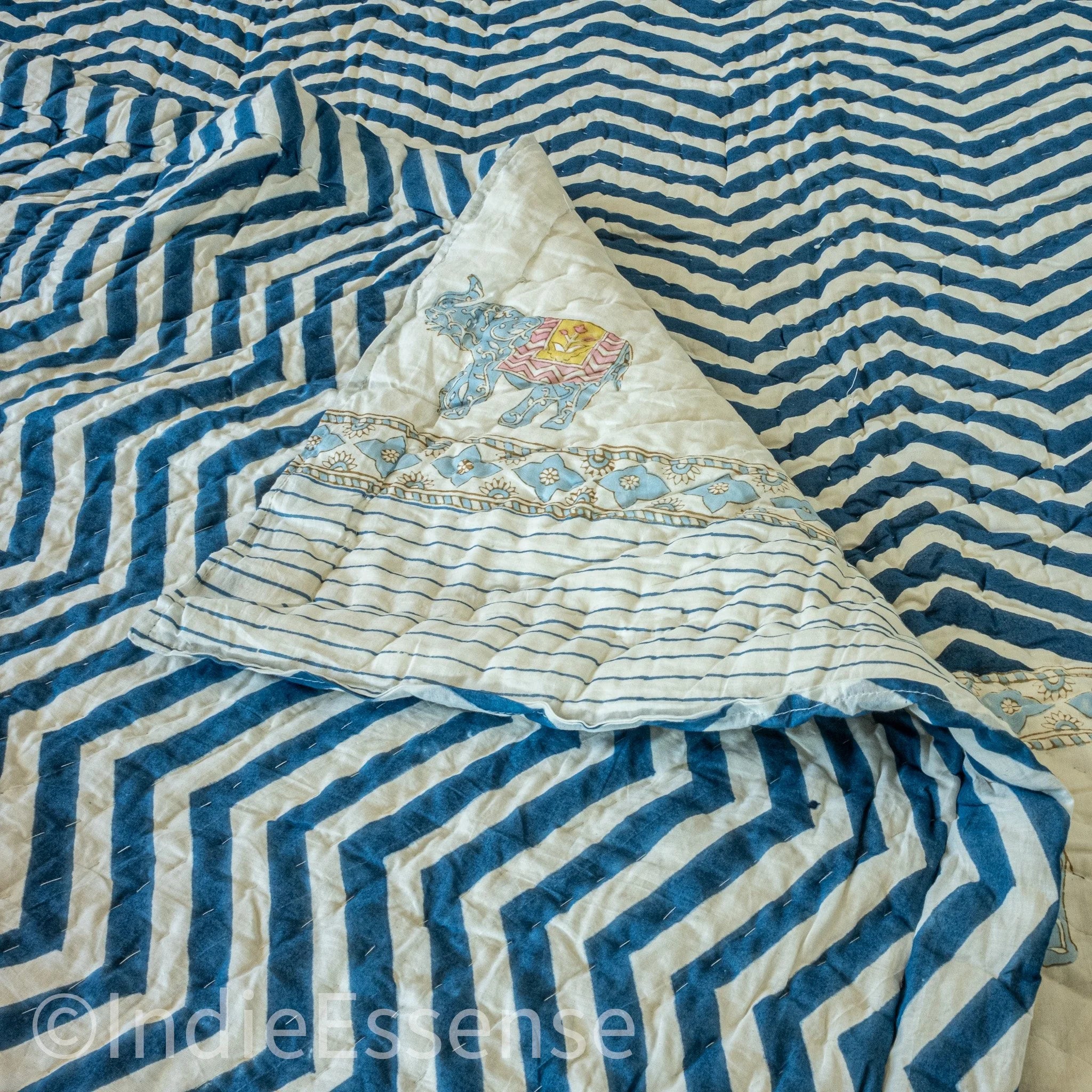 Handblock Print (Reversible) Mulmul Quilt - Blue Elephant