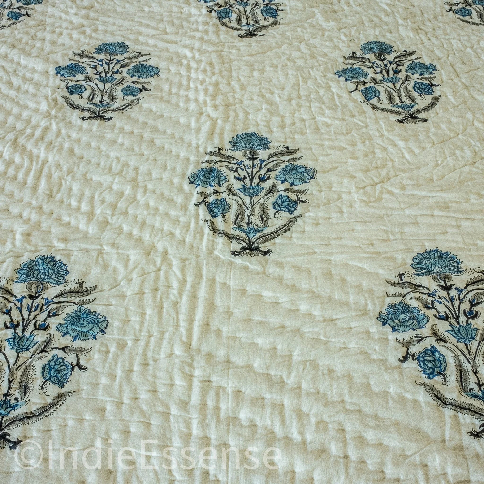 Handblock Print (Reversible) Mulmul Quilt - Blue Floral