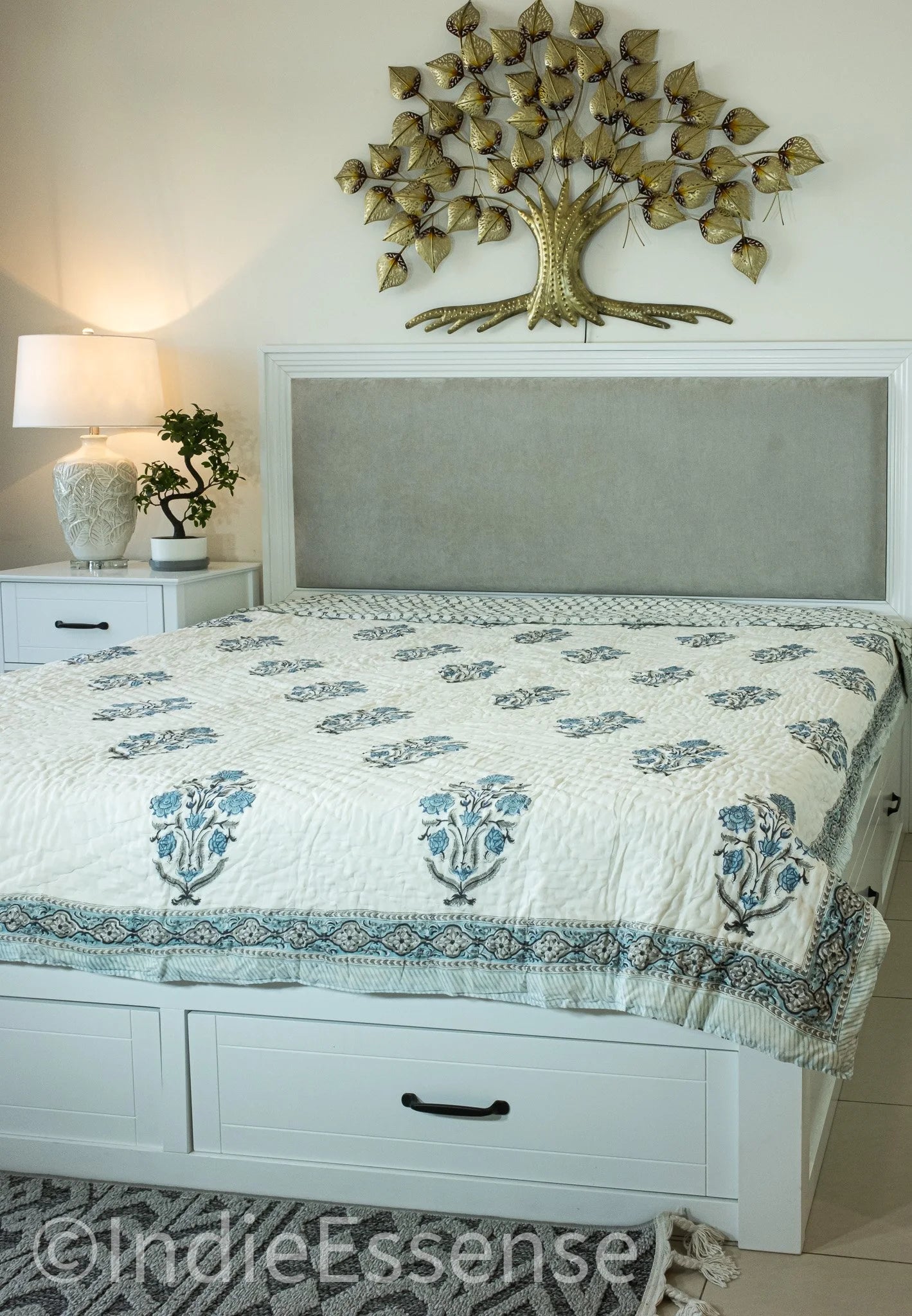 Handblock Print (Reversible) Mulmul Quilt - Blue Floral