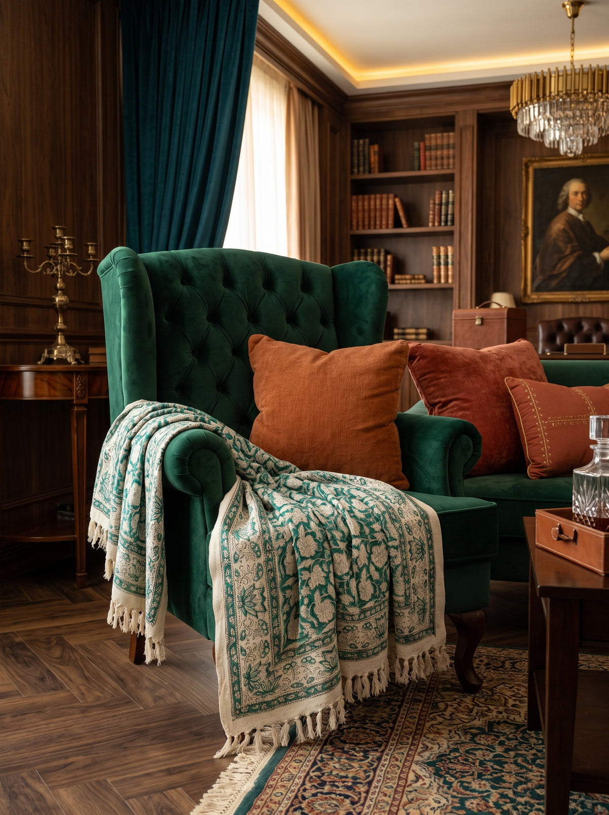 Hand Block Printed Green Jute Sofa Throw