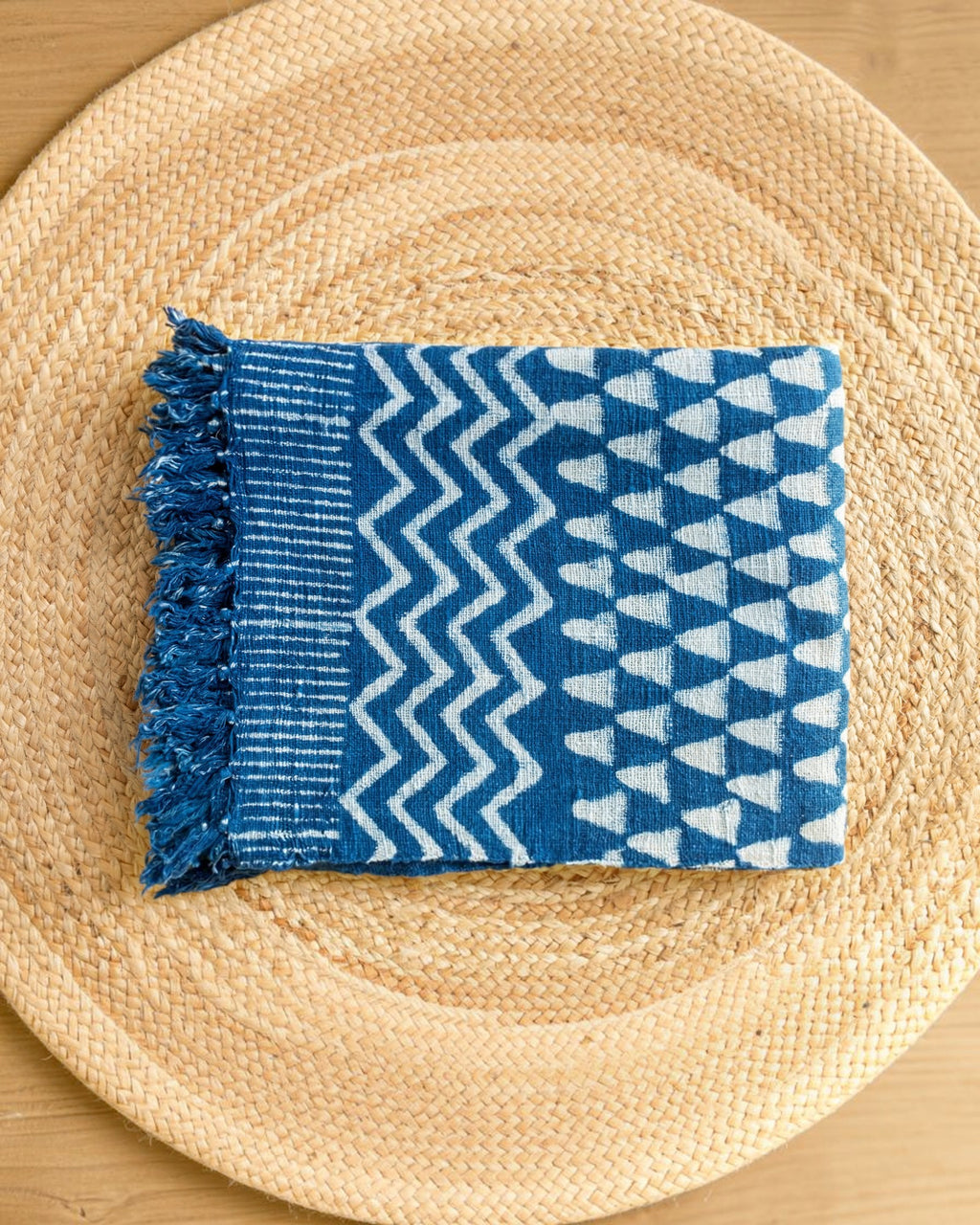 Hand Block Printed Indigo Jute Sofa Throw