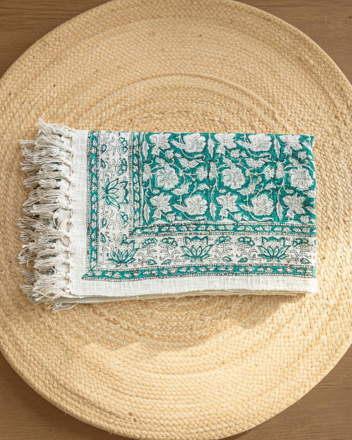 Hand Block Printed Green Jute Sofa Throw