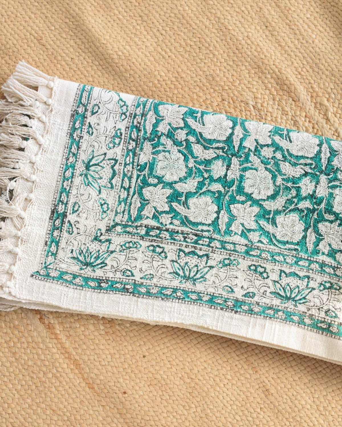 Hand Block Printed Green Jute Sofa Throw
