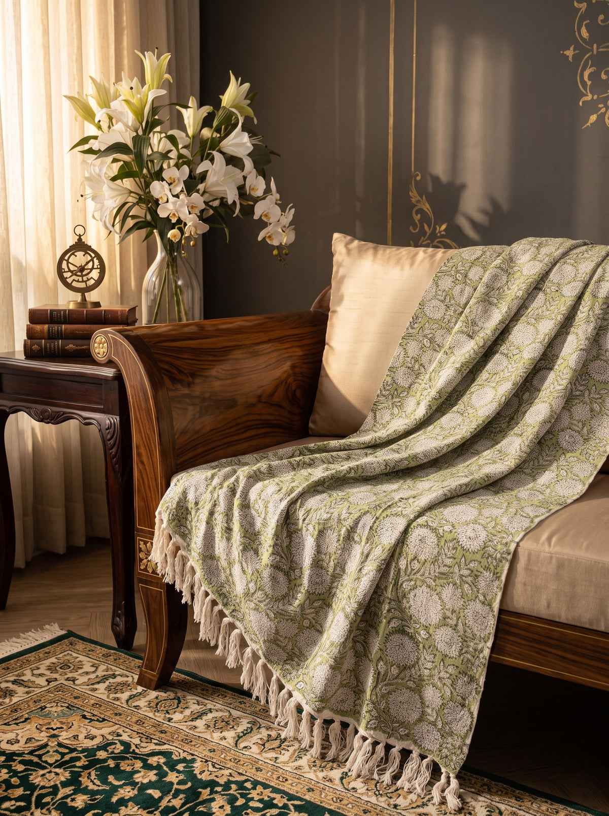 Hand Block Printed Floral Jute Sofa Throw