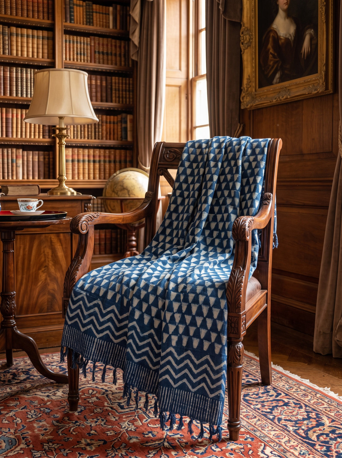 Hand Block Printed Indigo Jute Sofa Throw