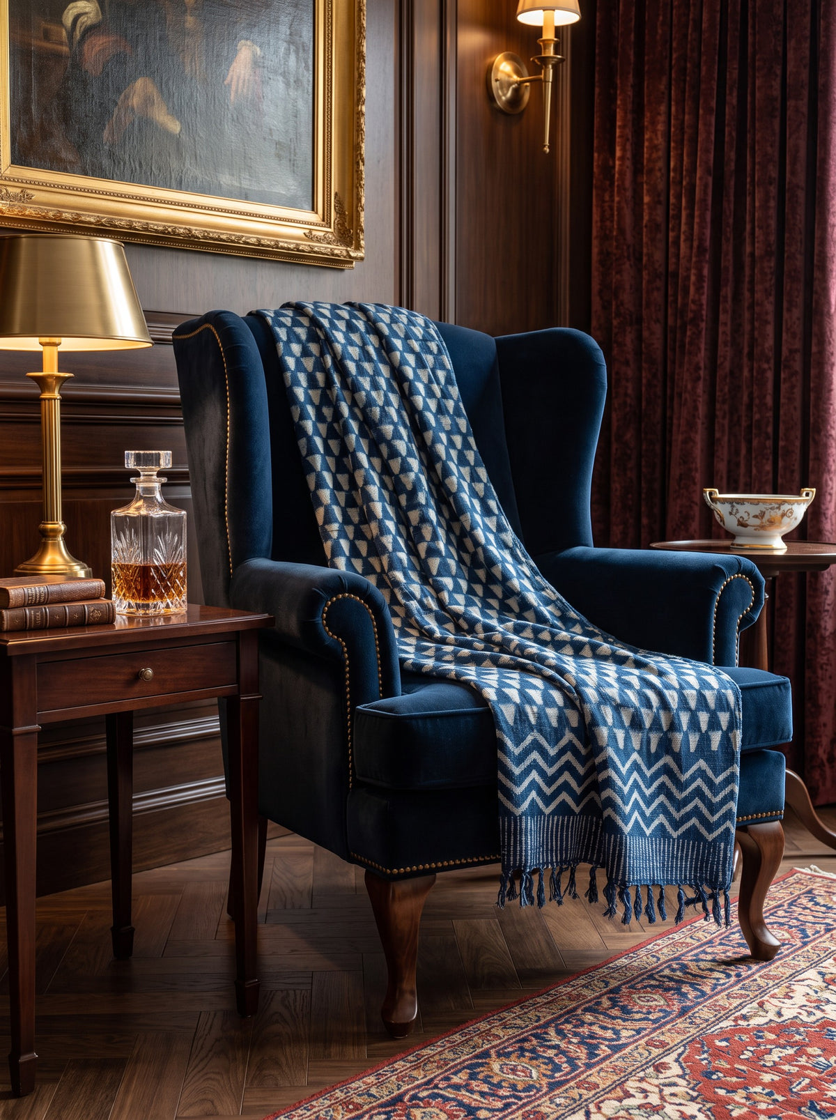 Hand Block Printed Indigo Jute Sofa Throw
