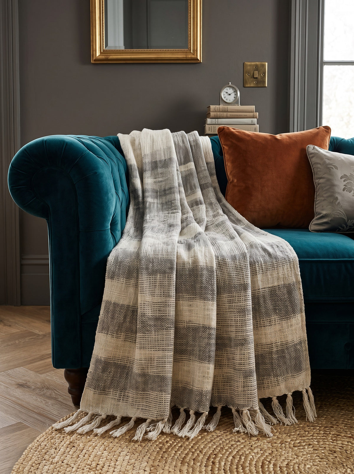 Hand Block Printed Gray Jute Sofa Throw