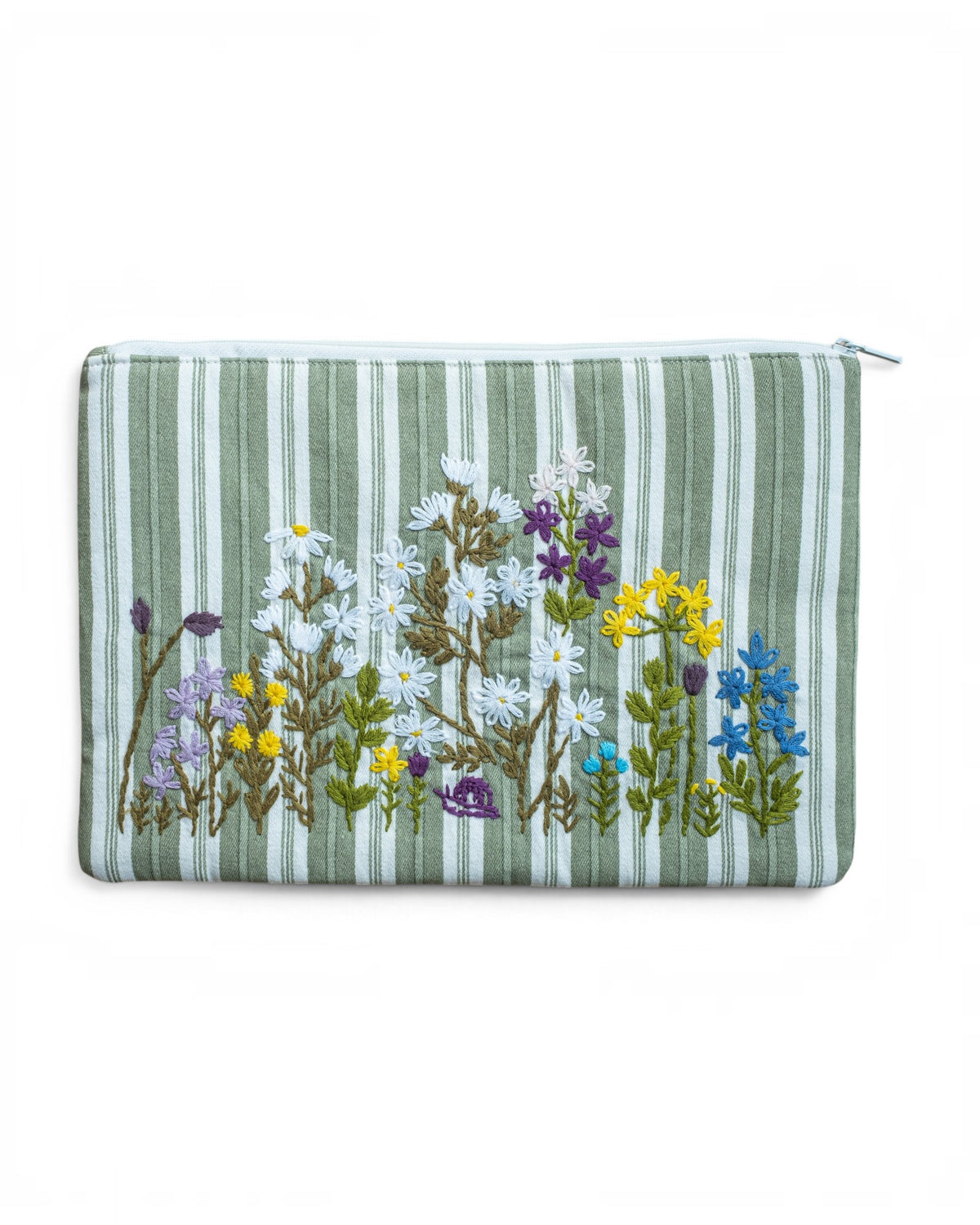 Green Striped Embroidered Pouch