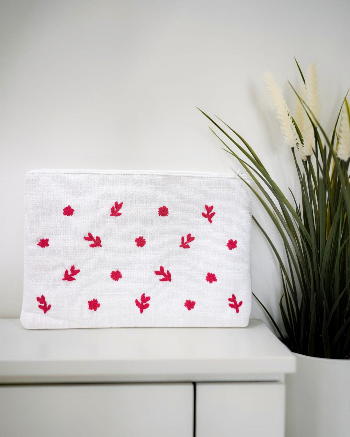 White Hand Embroidered Pouch