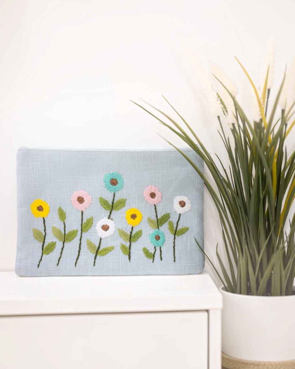 Light Blue Floral Embroidered Pouch