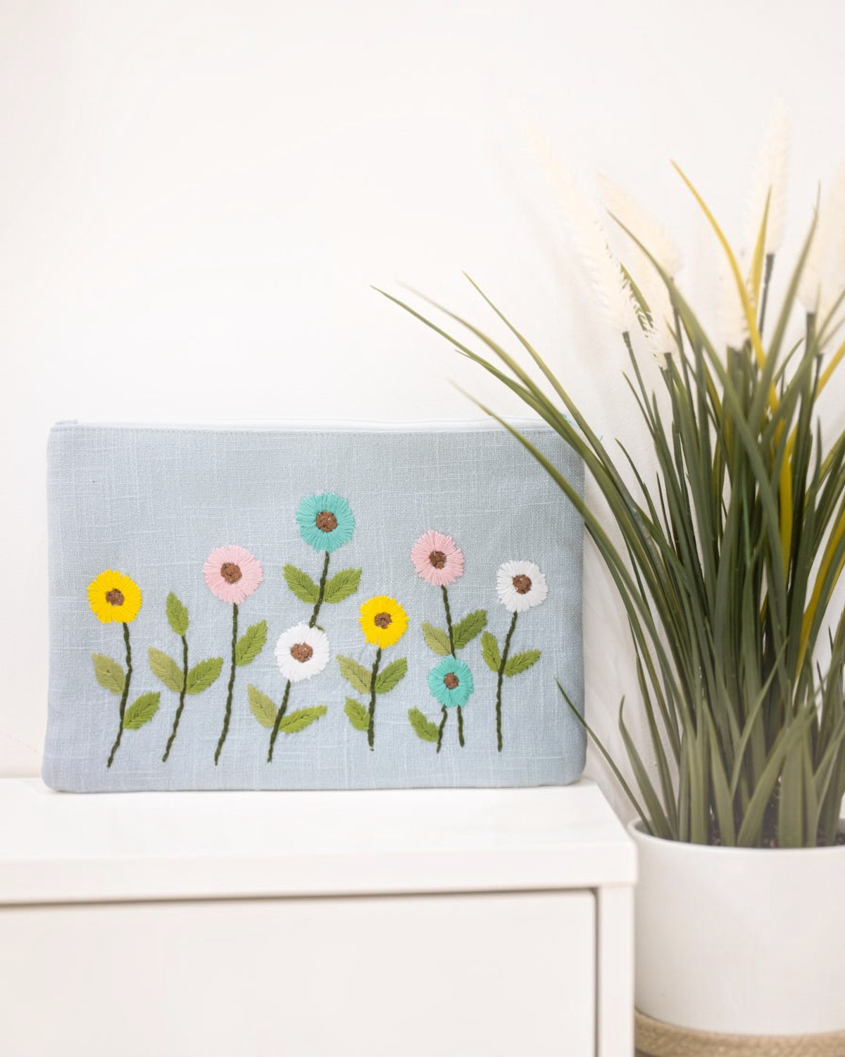 Light Blue Floral Embroidered Pouch