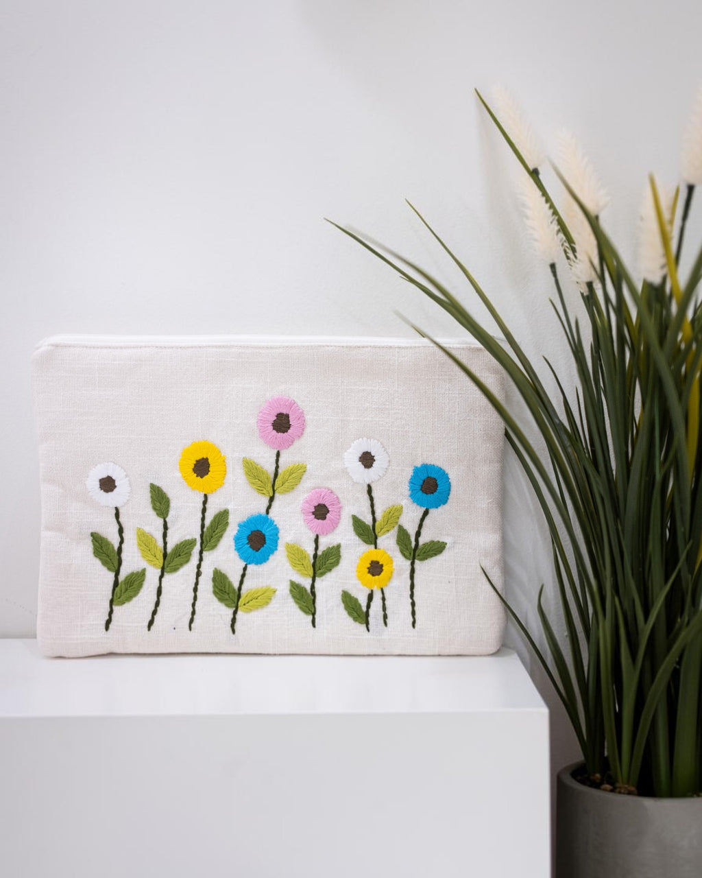 White Floral Hand Embroidered Pouch