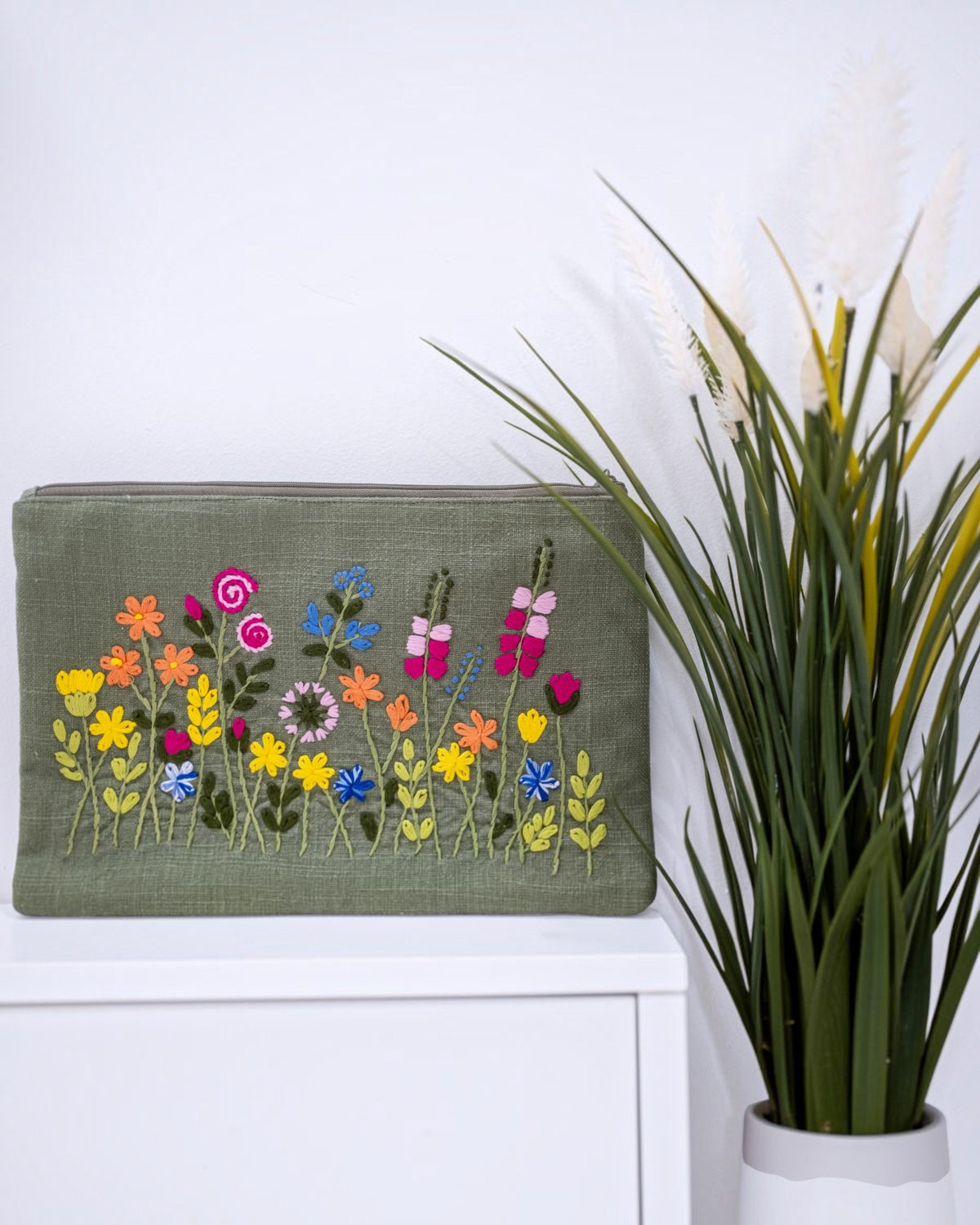 Green Floral Embroidered Pouch