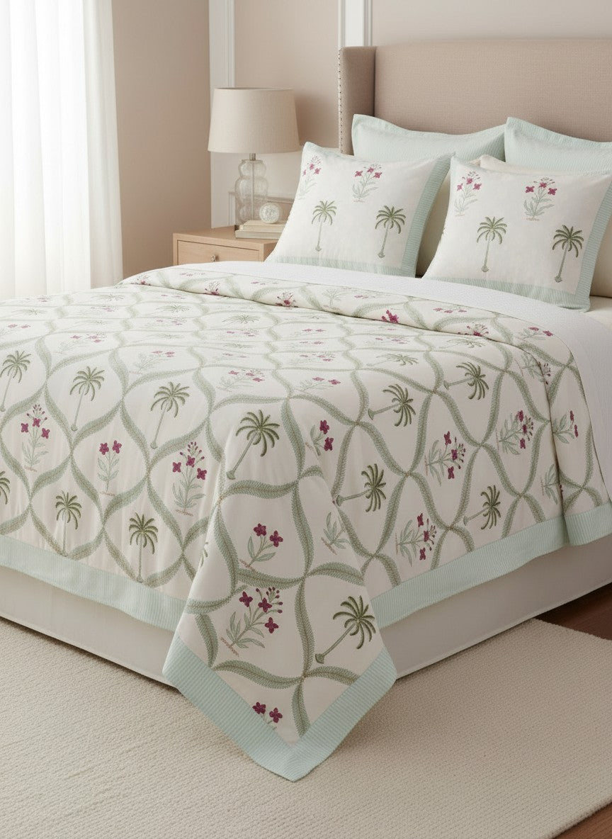 Green Palm Tree with Pink Flowers Percale Bedsheet