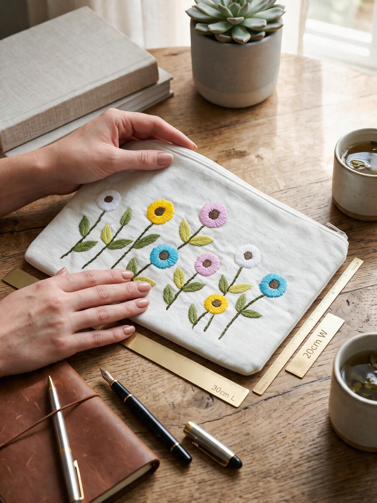 White Floral Hand Embroidered Pouch