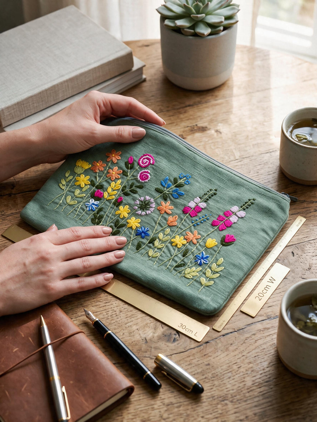 Green Floral Embroidered Pouch