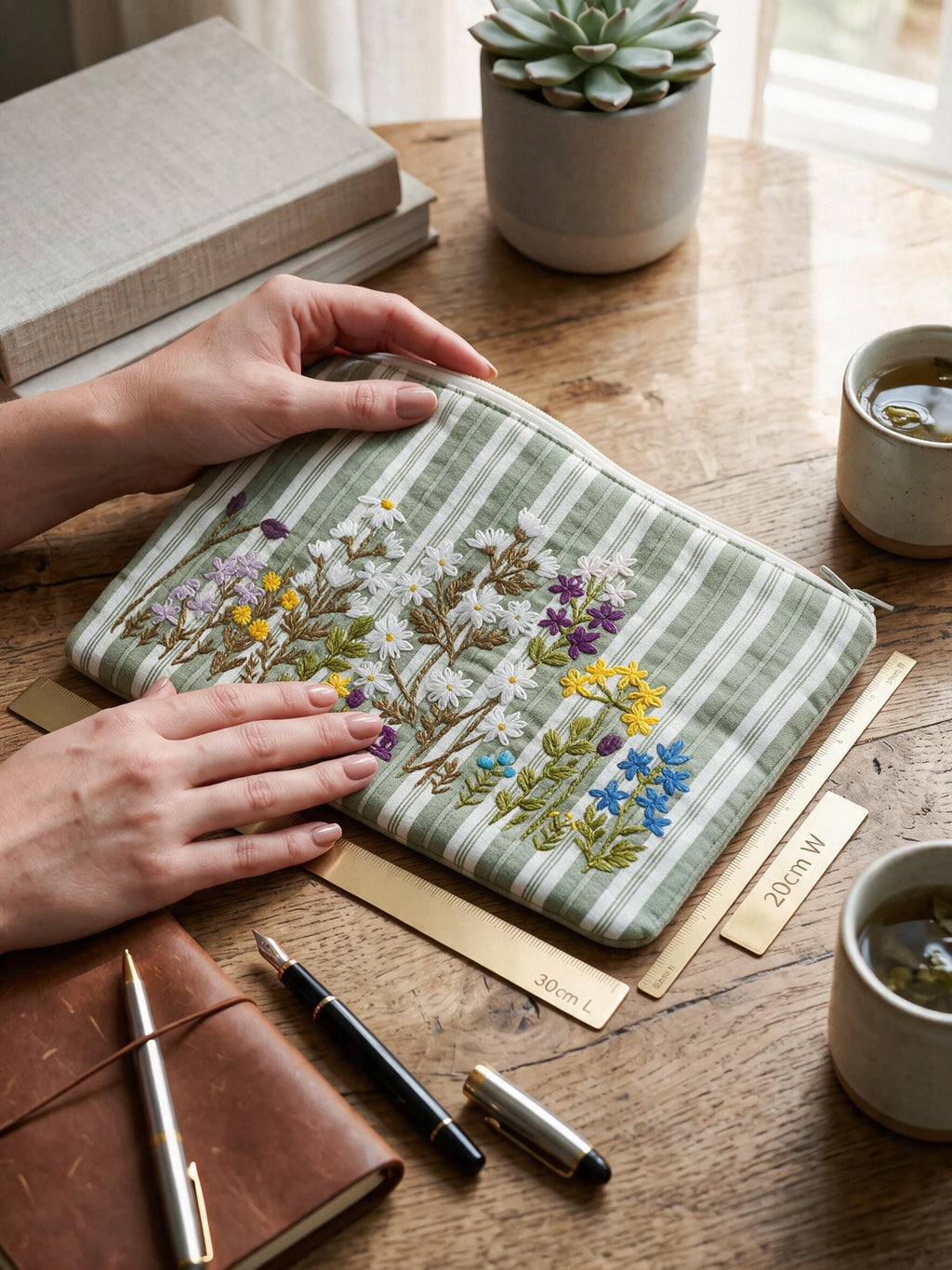 Green Striped Embroidered Pouch