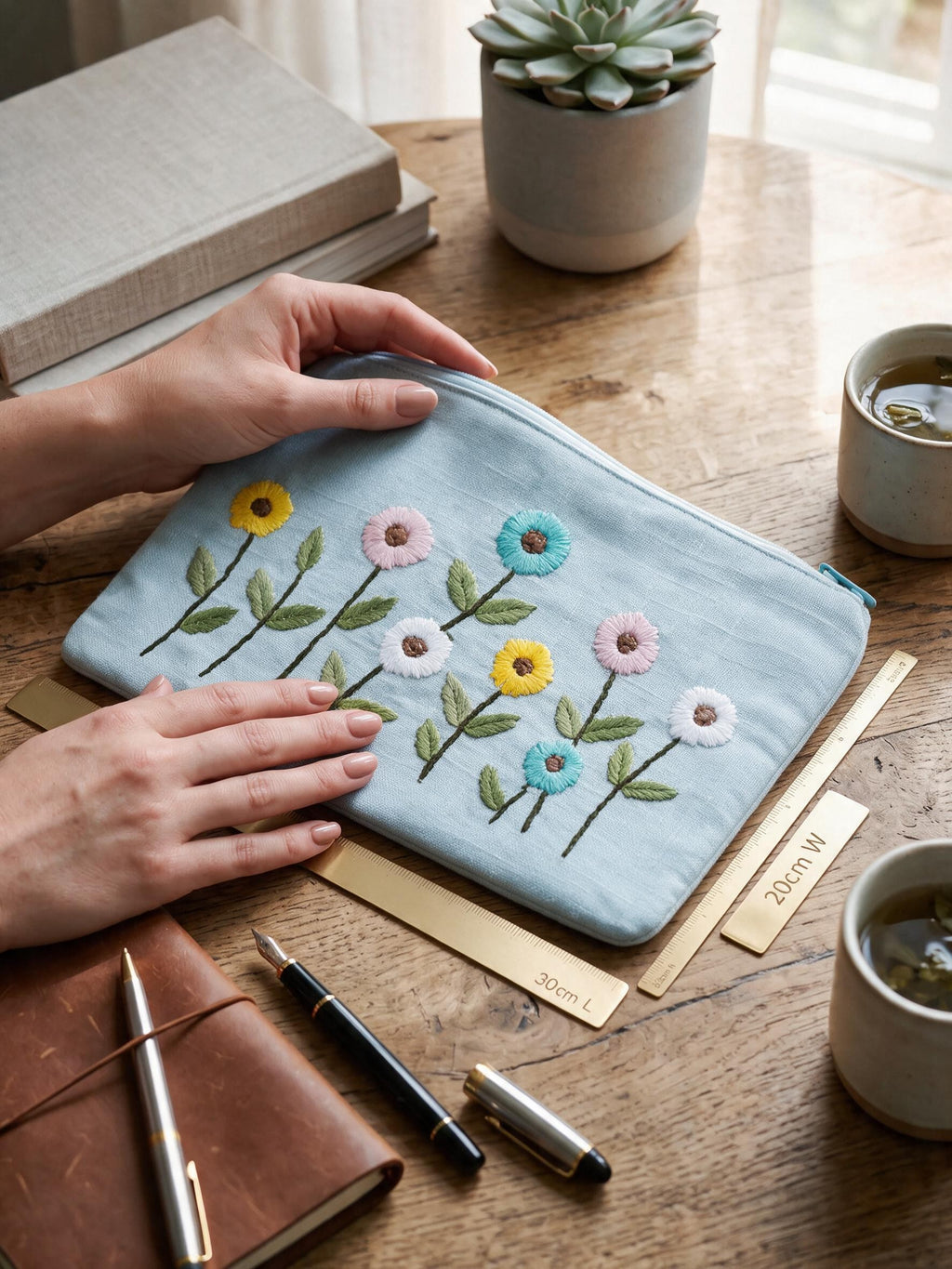 Light Blue Floral Embroidered Pouch