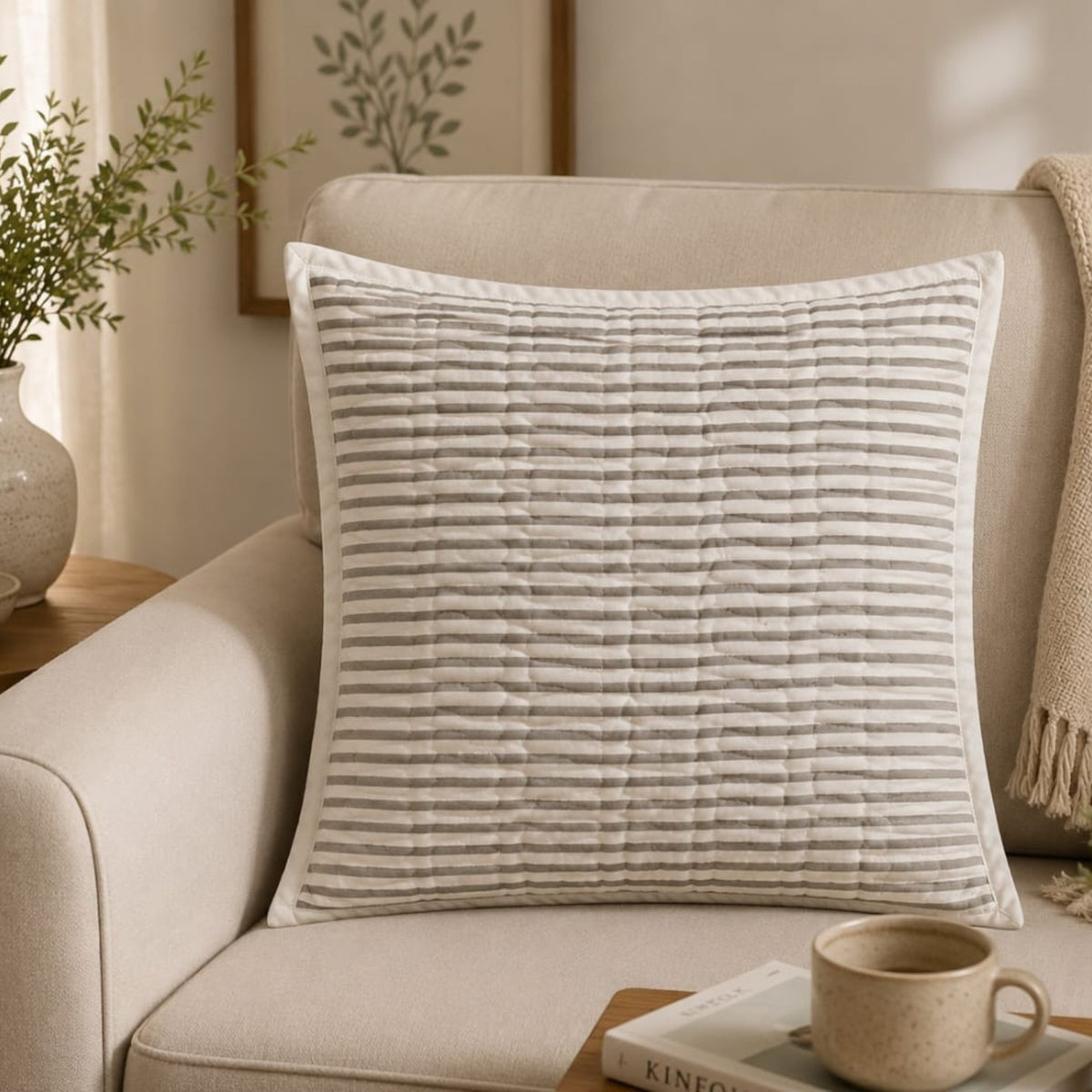 Gray Striped Quilted Cushion Cover