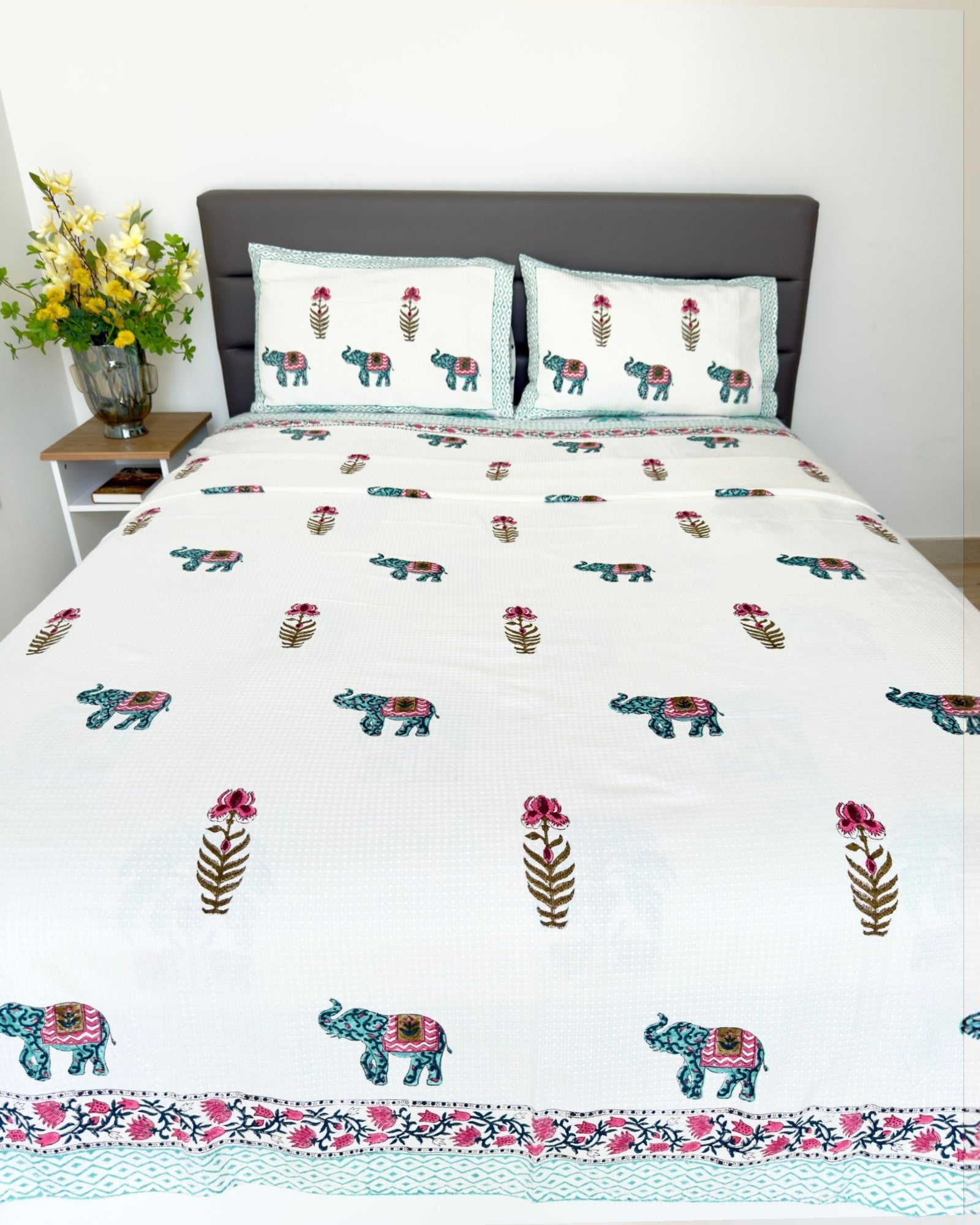 Green Elephant Handblock Printed Waffle Bed Cover