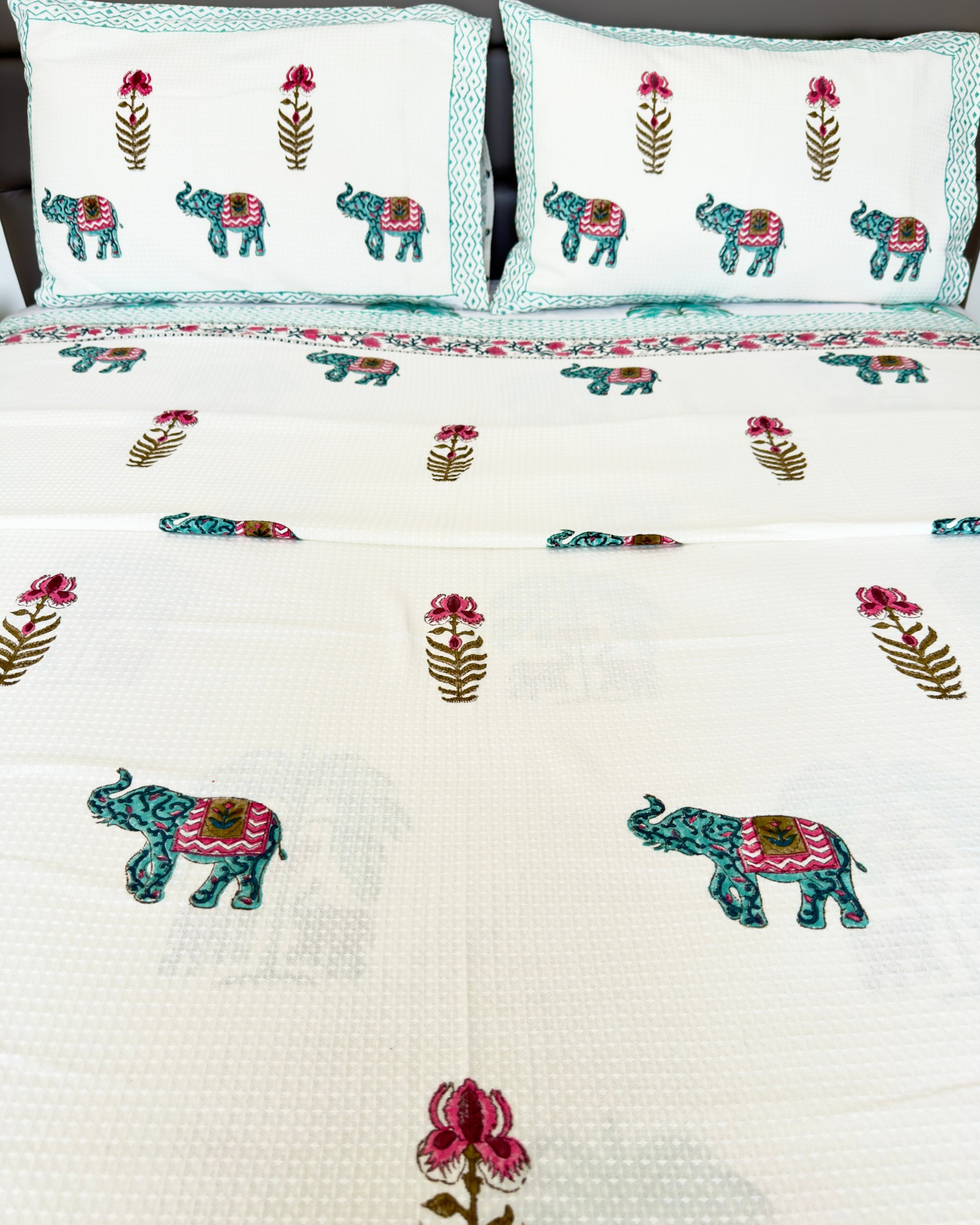 Green Elephant Handblock Printed Waffle Bed Cover