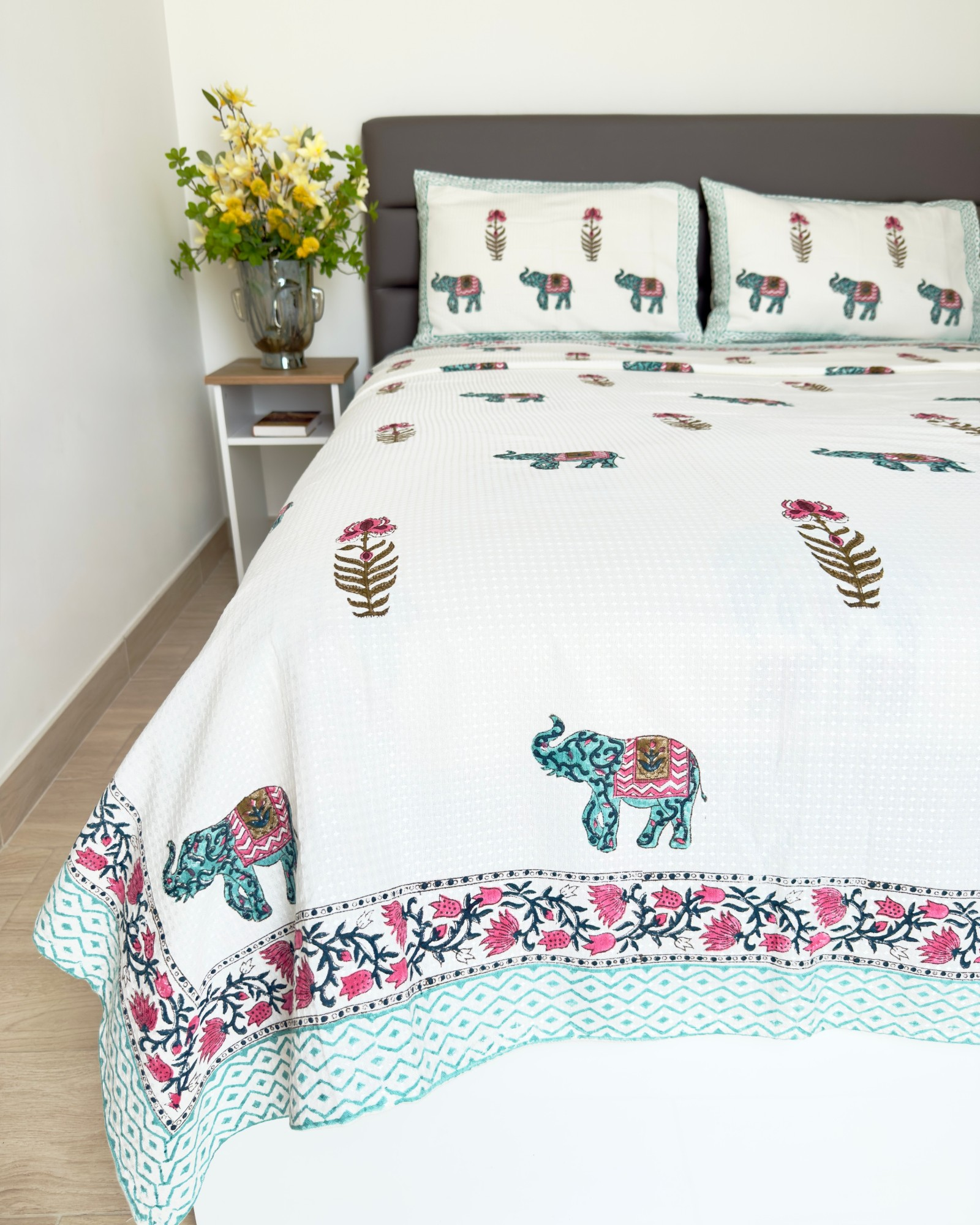 Green Elephant Handblock Printed Waffle Bed Cover