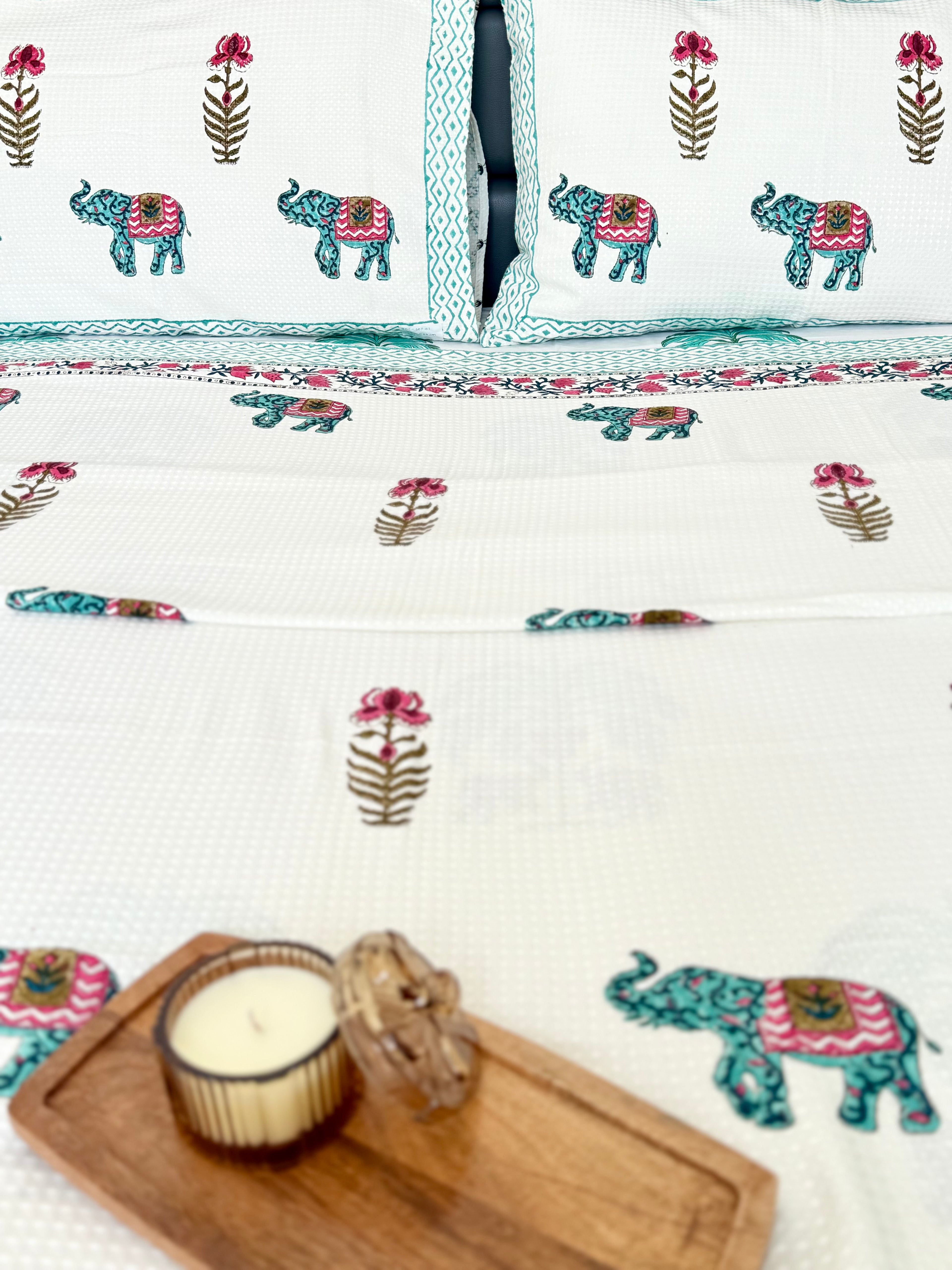 Green Elephant Handblock Printed Waffle Bed Cover