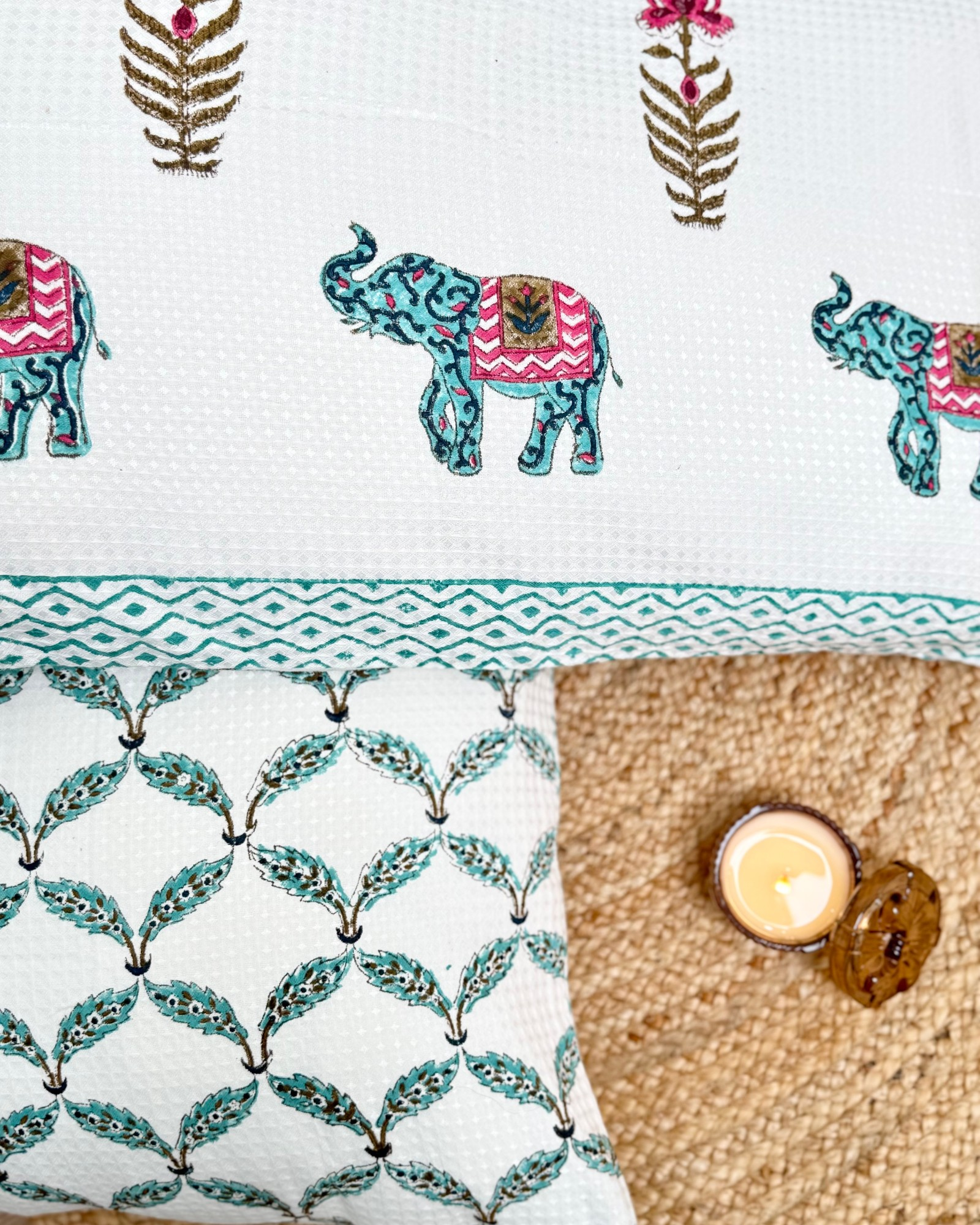 Green Elephant Handblock Printed Waffle Bed Cover