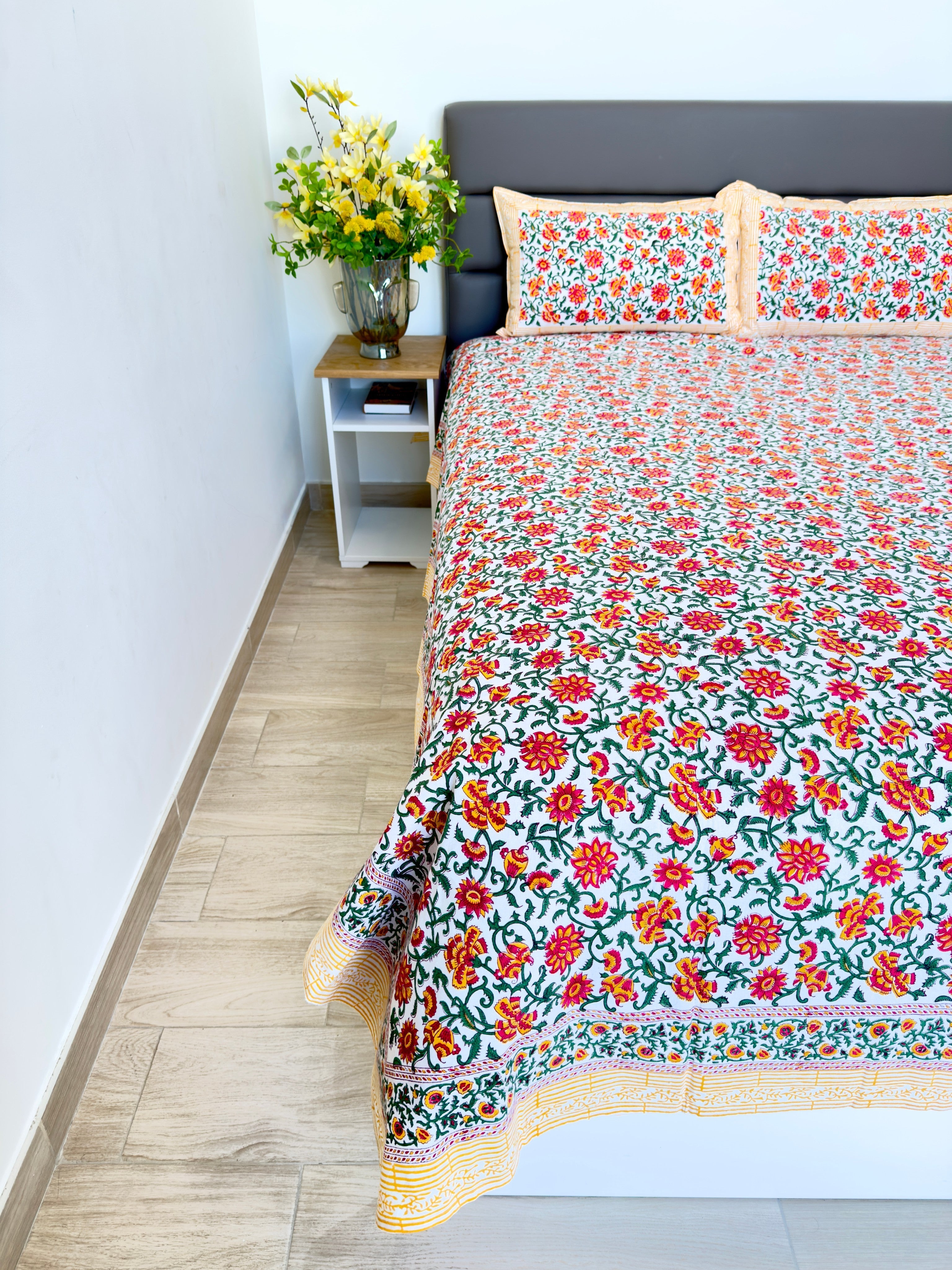 Green Yellow Floral South Cotton Bedsheet