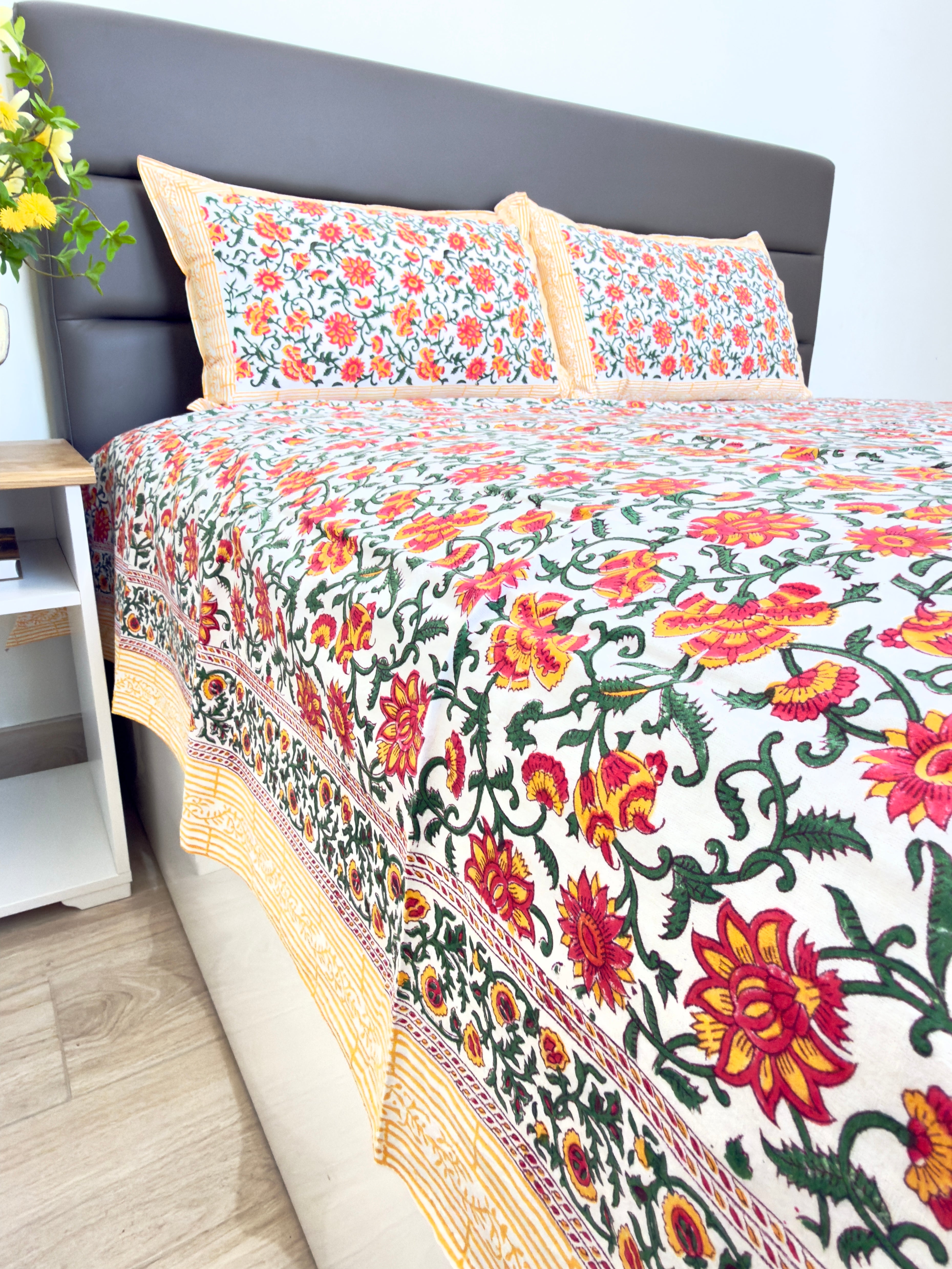 Green Yellow Floral South Cotton Bedsheet