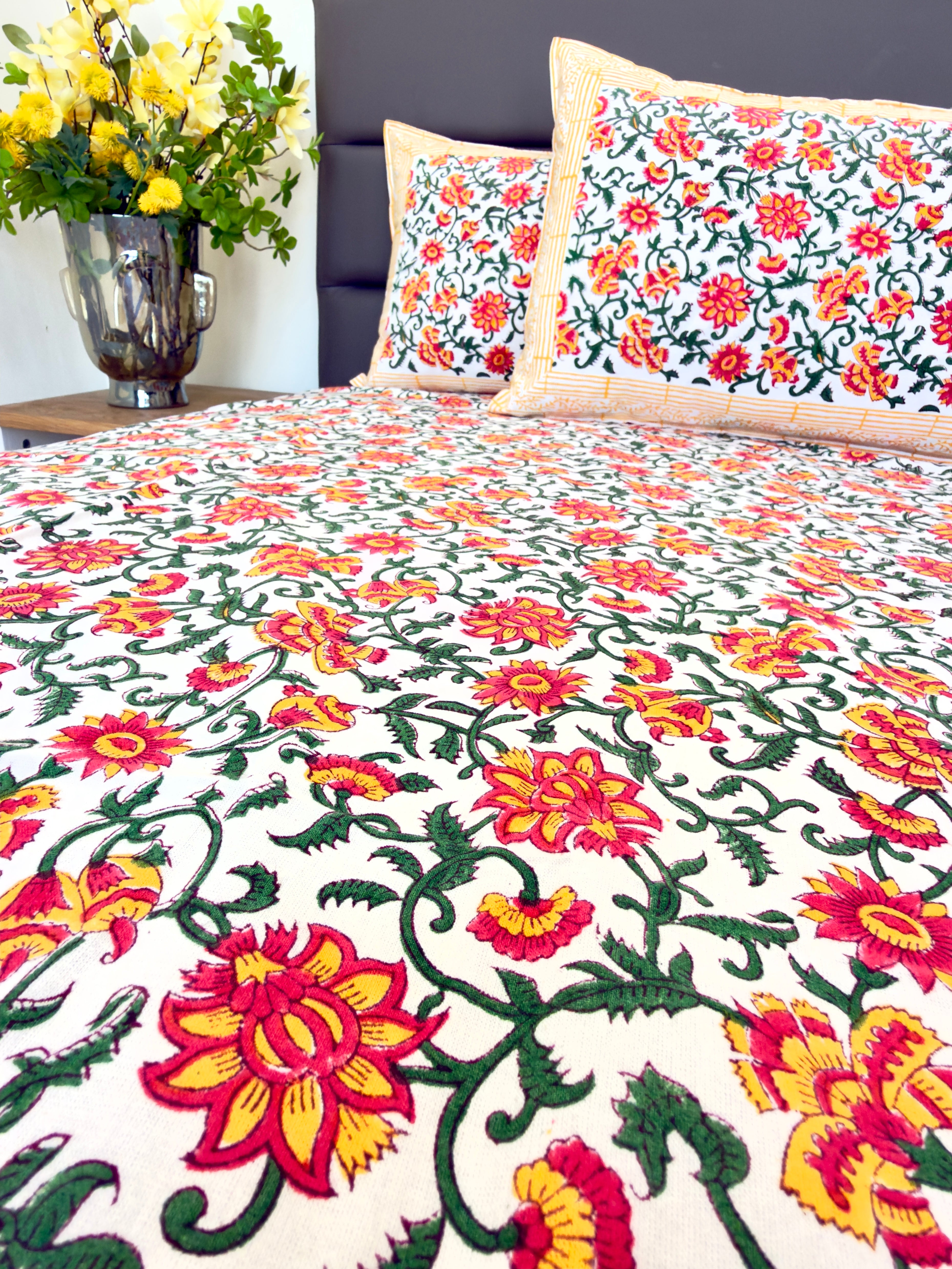 Green Yellow Floral South Cotton Bedsheet