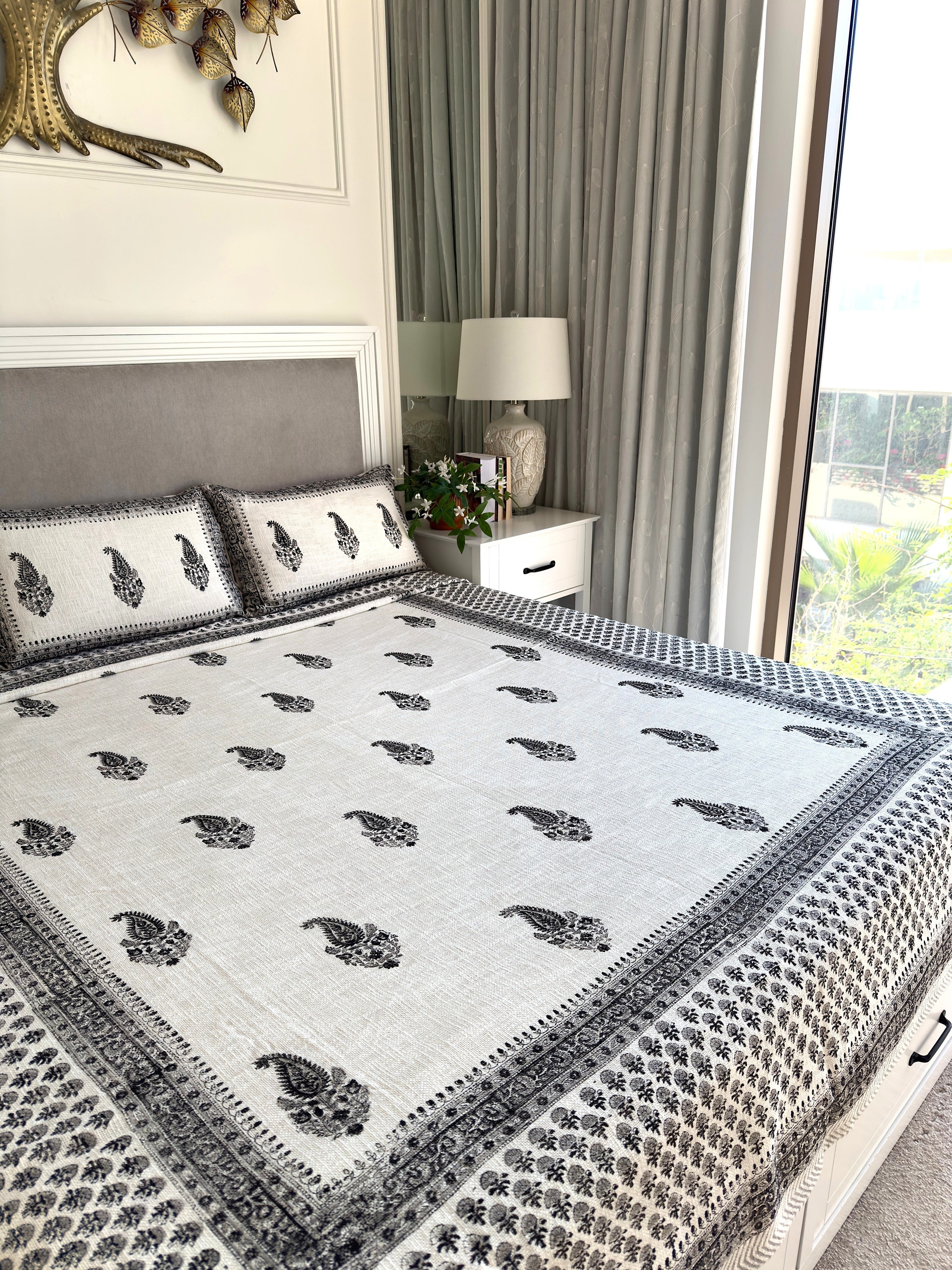 Black and White Handblock Printed Jute Bed Cover