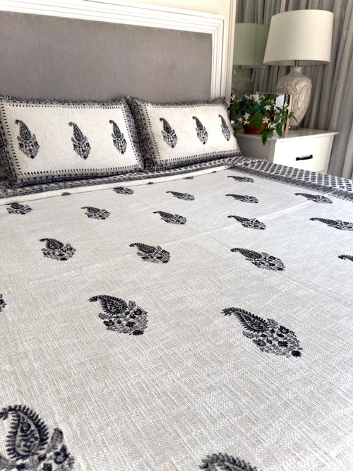 Black and White Handblock Printed Jute Bed Cover