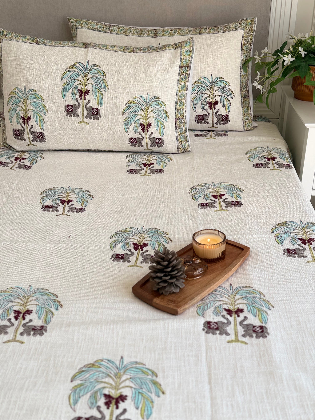 Palm Tree Handblock Printed Jute Bed Cover