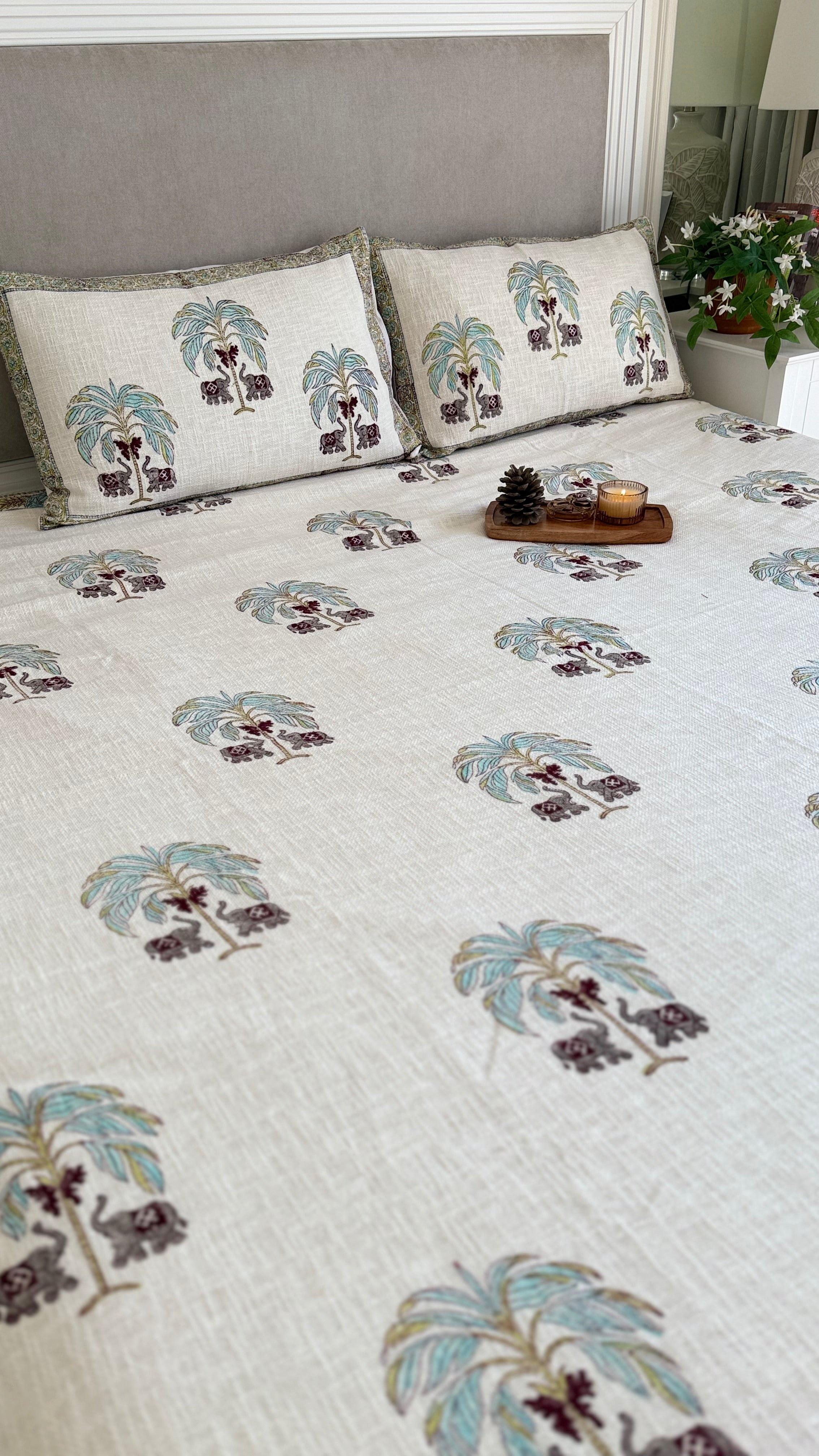 Palm Tree Handblock Printed Jute Bed Cover