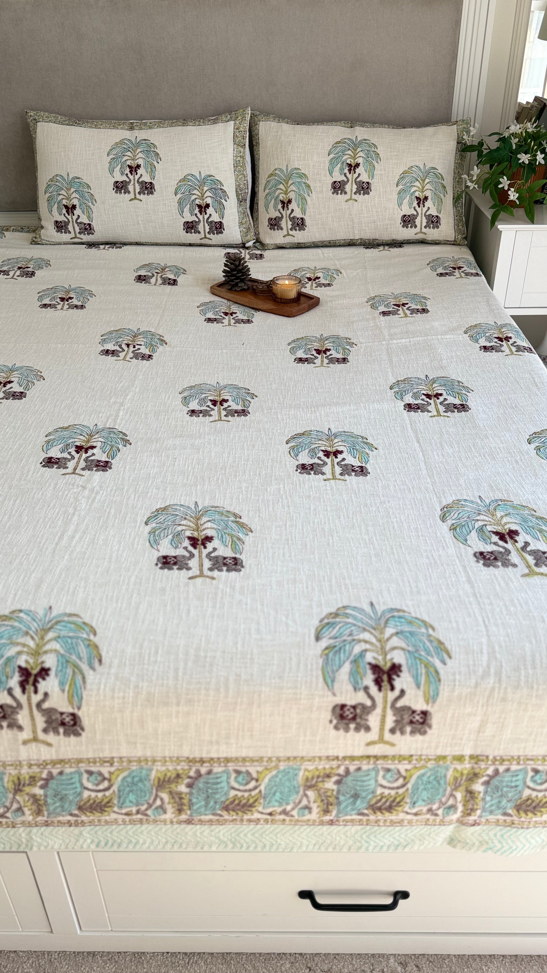 Palm Tree Handblock Printed Jute Bed Cover